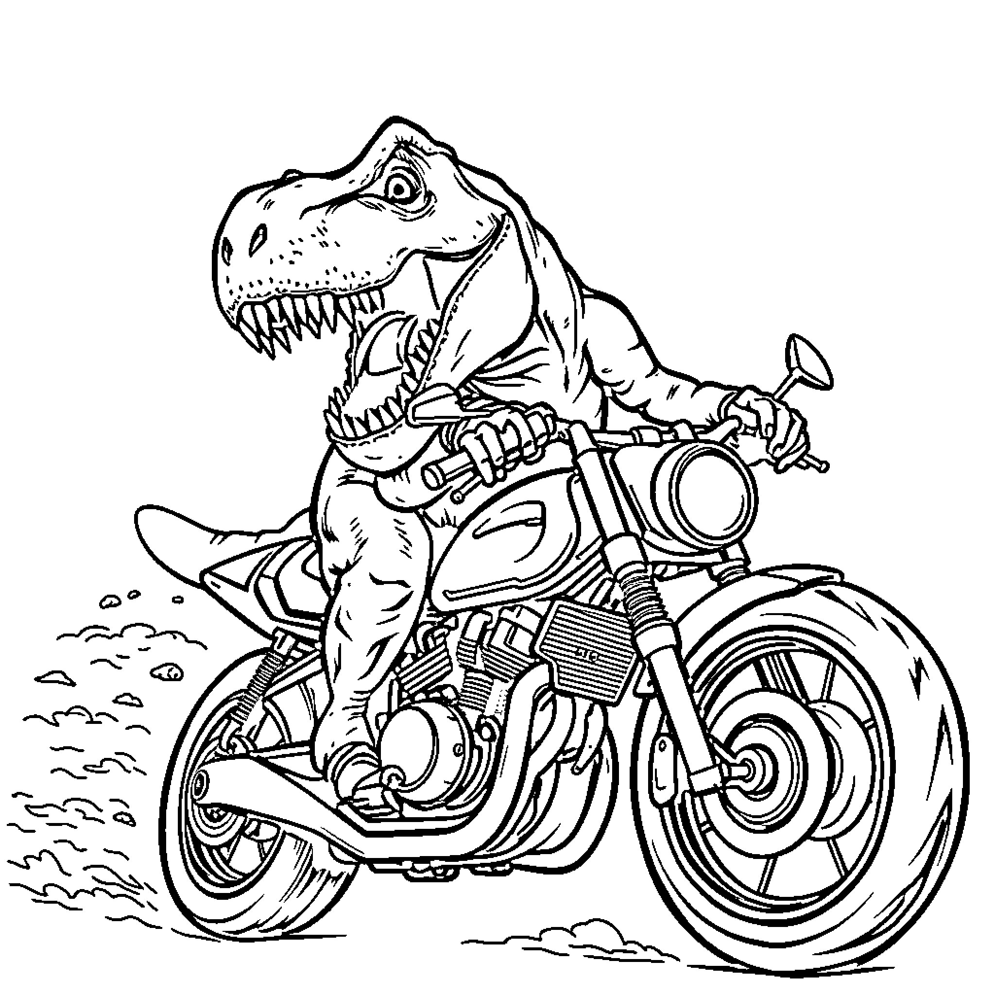 T-Rex Riding a Motorcycle with Fierce Expression Coloring Page (free black-and-white line drawing printable PDF for all, from beginners to advanced learners, including children, teens, adults, and seniors)