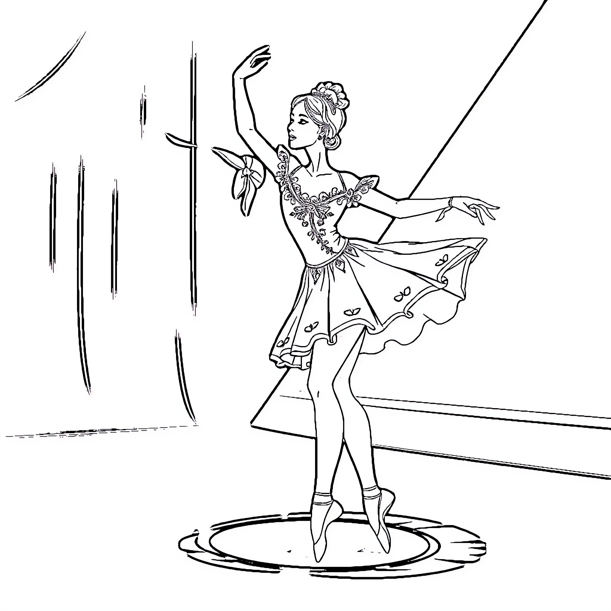Ballerina performing graceful dance on stage Coloring Page (free black-and-white line drawing printable PDF for all, from beginners to advanced learners, including children, teens, adults, and seniors)