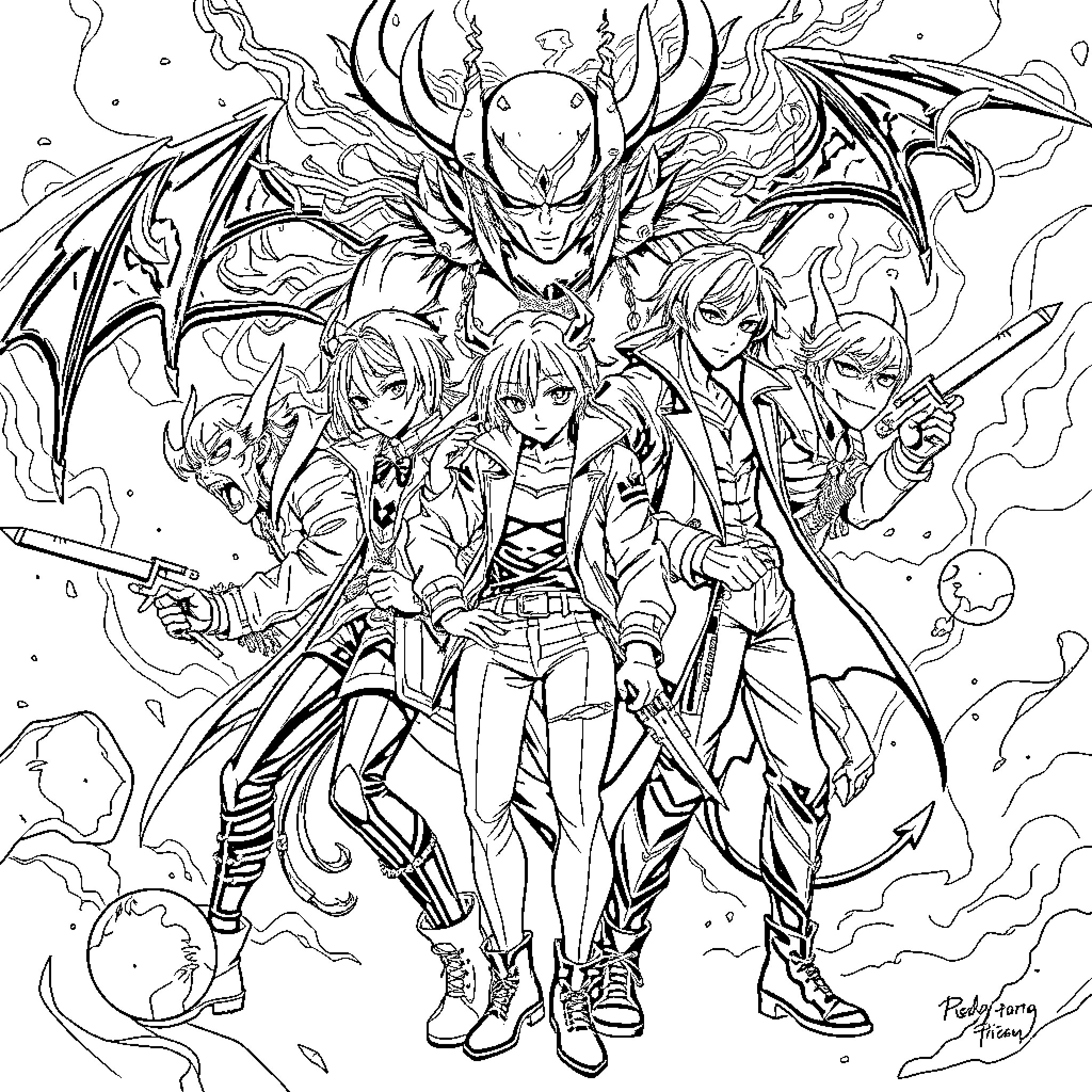 Demon Hunter: Heroic Team Confronts Supernatural Foe Coloring Page (free black-and-white line drawing printable PDF for all, from beginners to advanced learners, including children, teens, adults, and seniors)