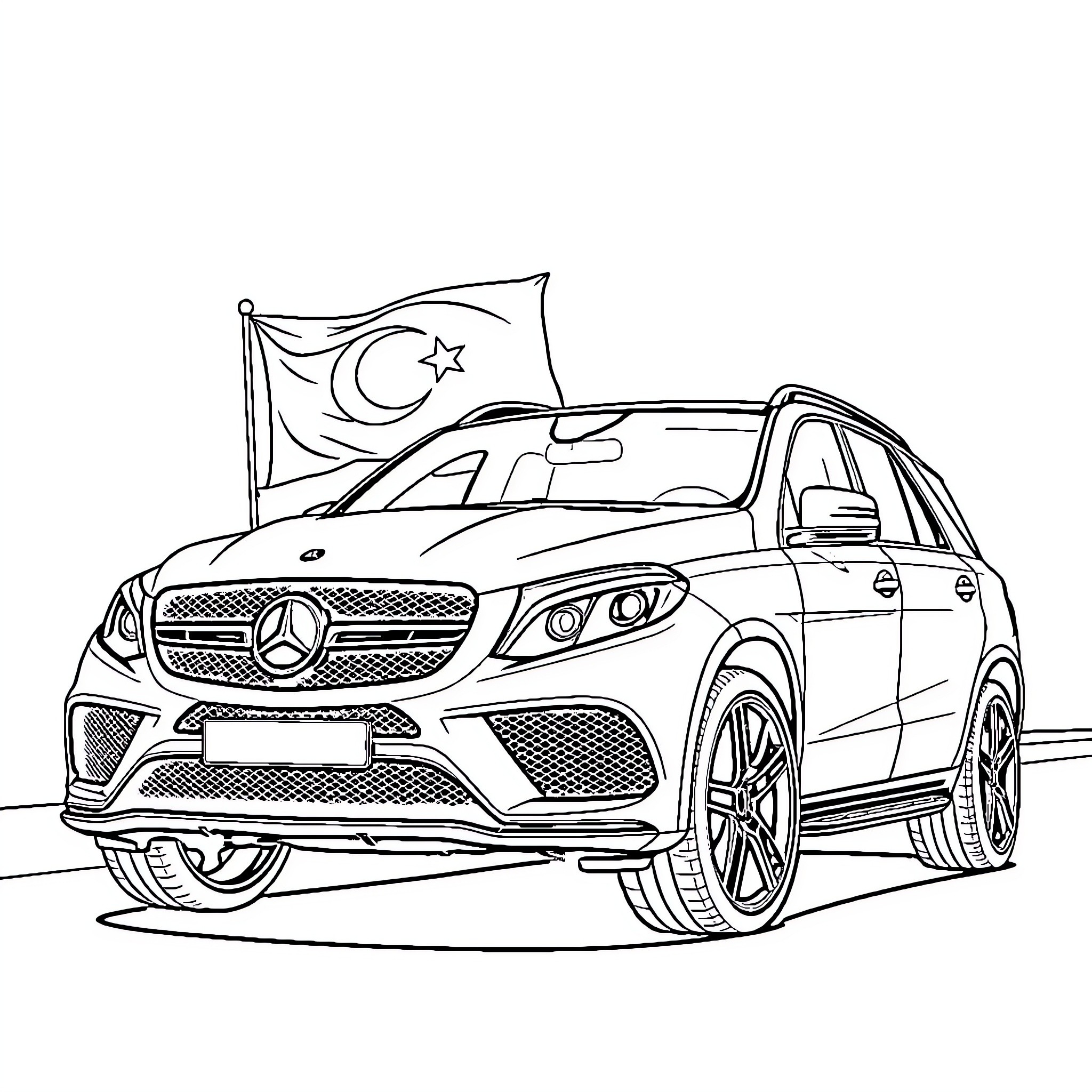 Mercedes SUV with Malaysian flag waving Coloring Page (free black-and-white line drawing printable PDF for all, from beginners to advanced learners, including children, teens, adults, and seniors)