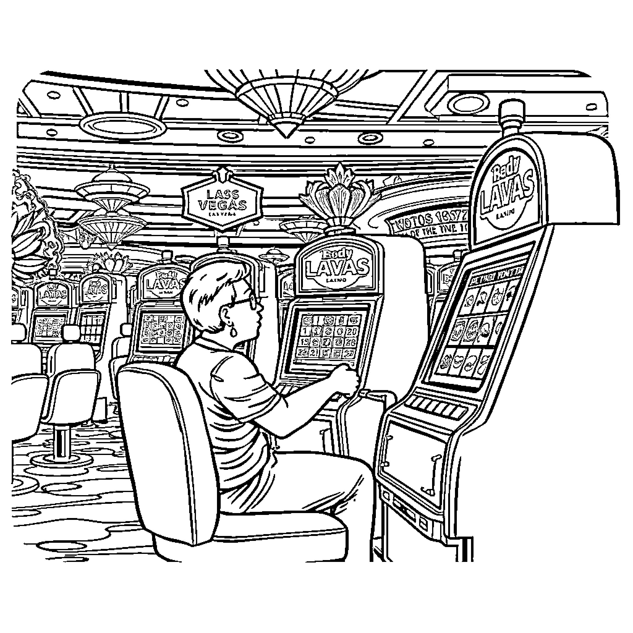 Slot Machine Excitement in the Arcade Coloring Page (free black-and-white line drawing printable PDF for all, from beginners to advanced learners, including children, teens, adults, and seniors)