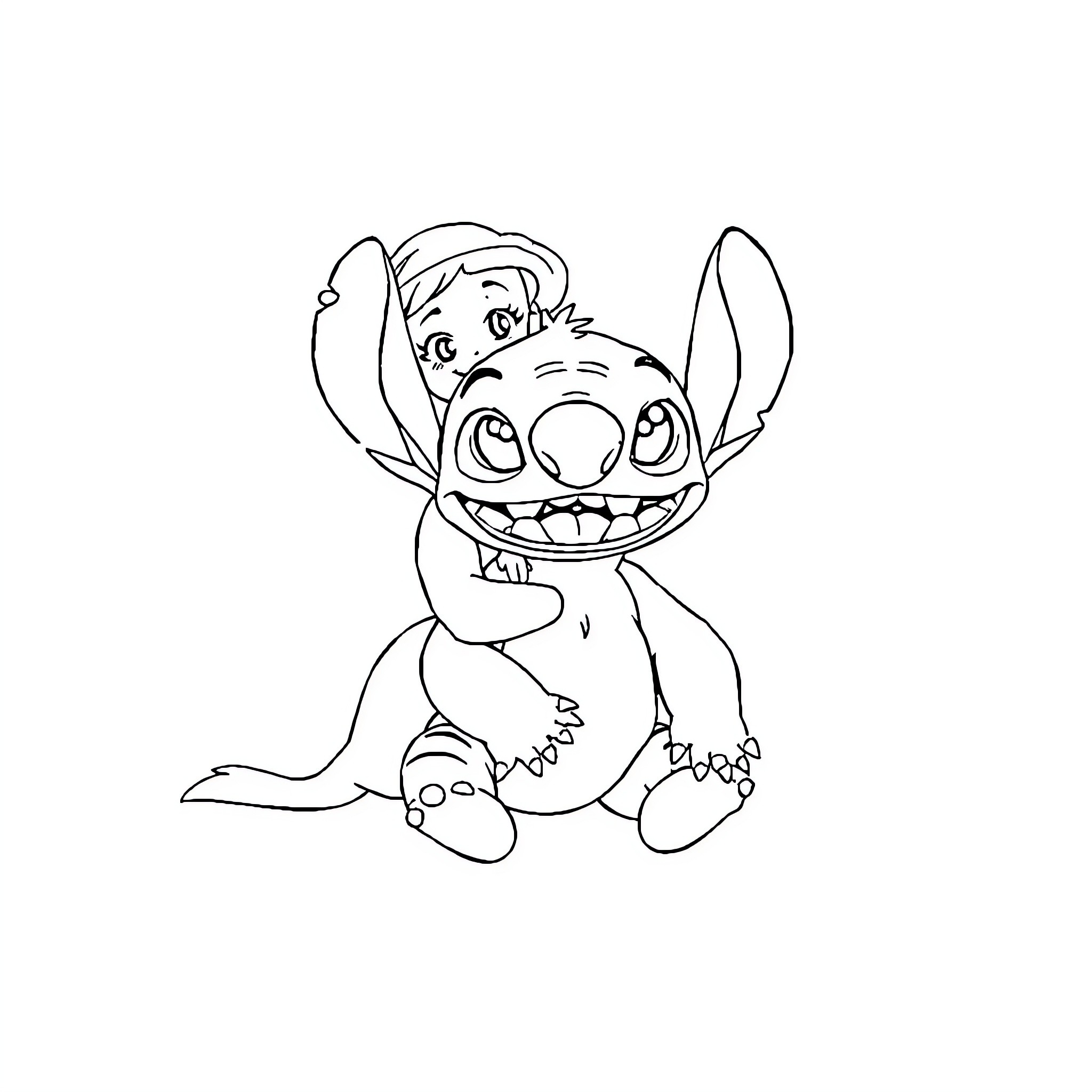 Lilo playing with curious Stitch Coloring Page (free black-and-white line drawing printable PDF for all, from beginners to advanced learners, including children, teens, adults, and seniors)