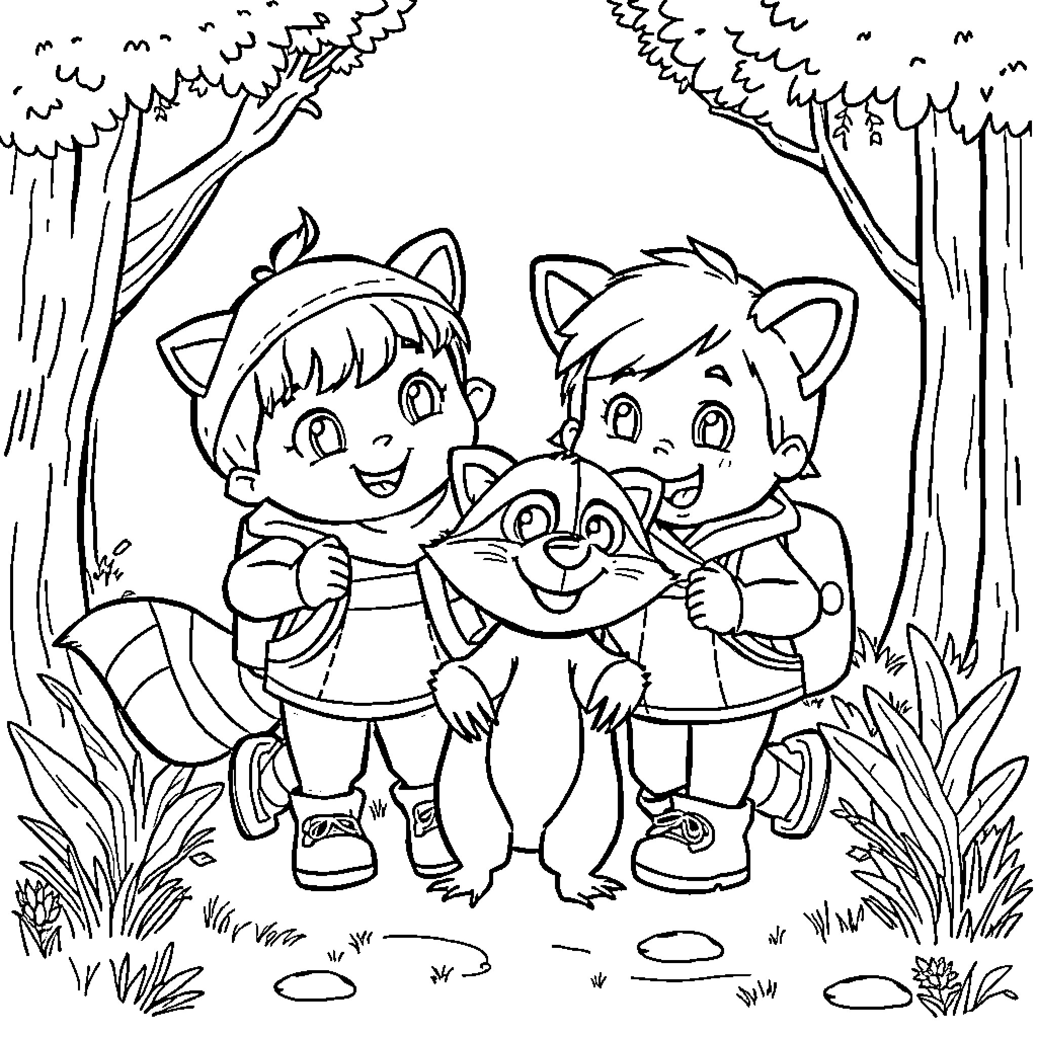 Tuttle Twins playing joyfully in the forest Coloring Page (free black-and-white line drawing printable PDF for all, from beginners to advanced learners, including children, teens, adults, and seniors)