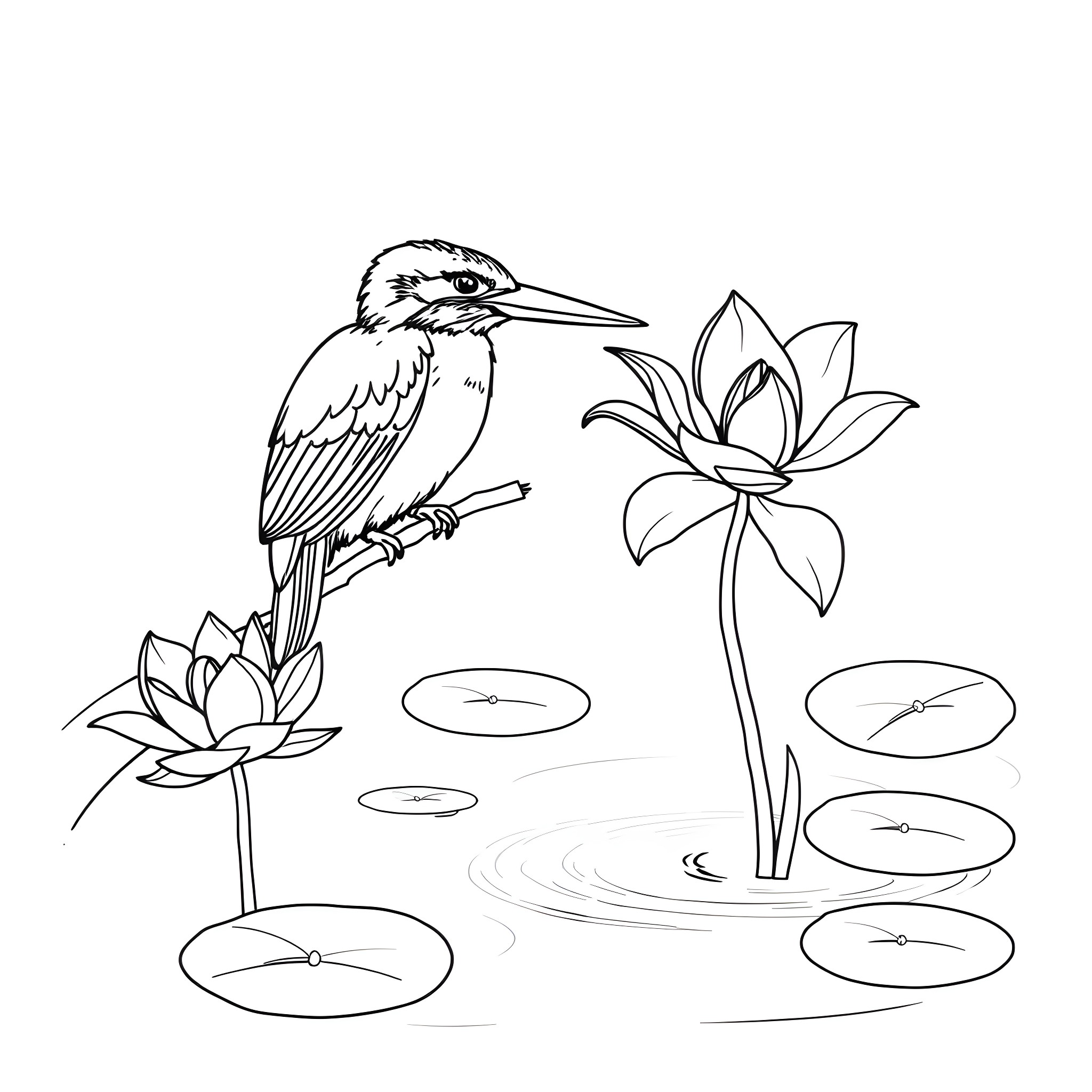 Kingfisher perched near a blooming flower in a pond Coloring Page (free black-and-white line drawing printable PDF for all, from beginners to advanced learners, including children, teens, adults, and seniors)