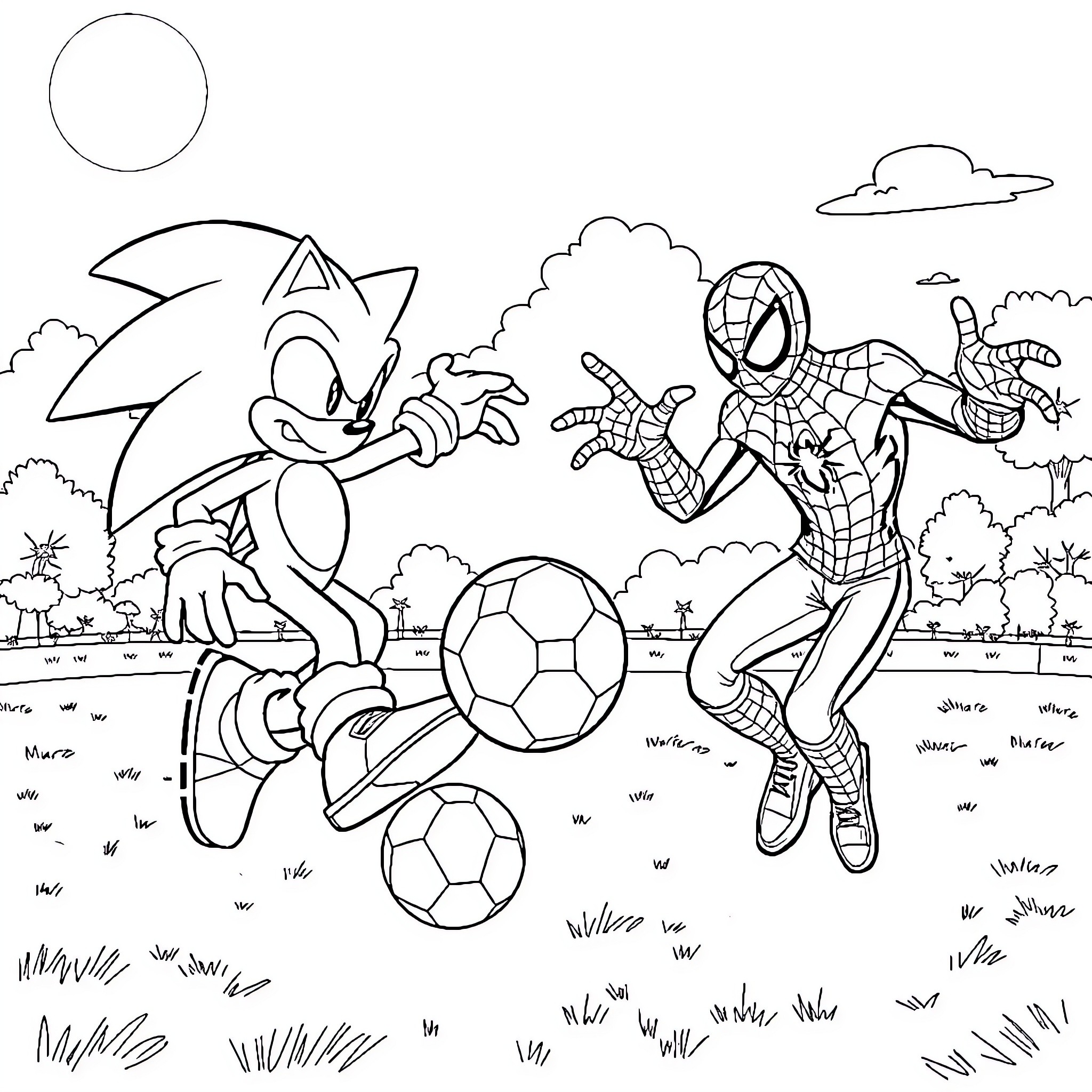 Sonic and Spiderman Playing Soccer in the Park Coloring Page (free black-and-white line drawing printable PDF for all, from beginners to advanced learners, including children, teens, adults, and seniors)