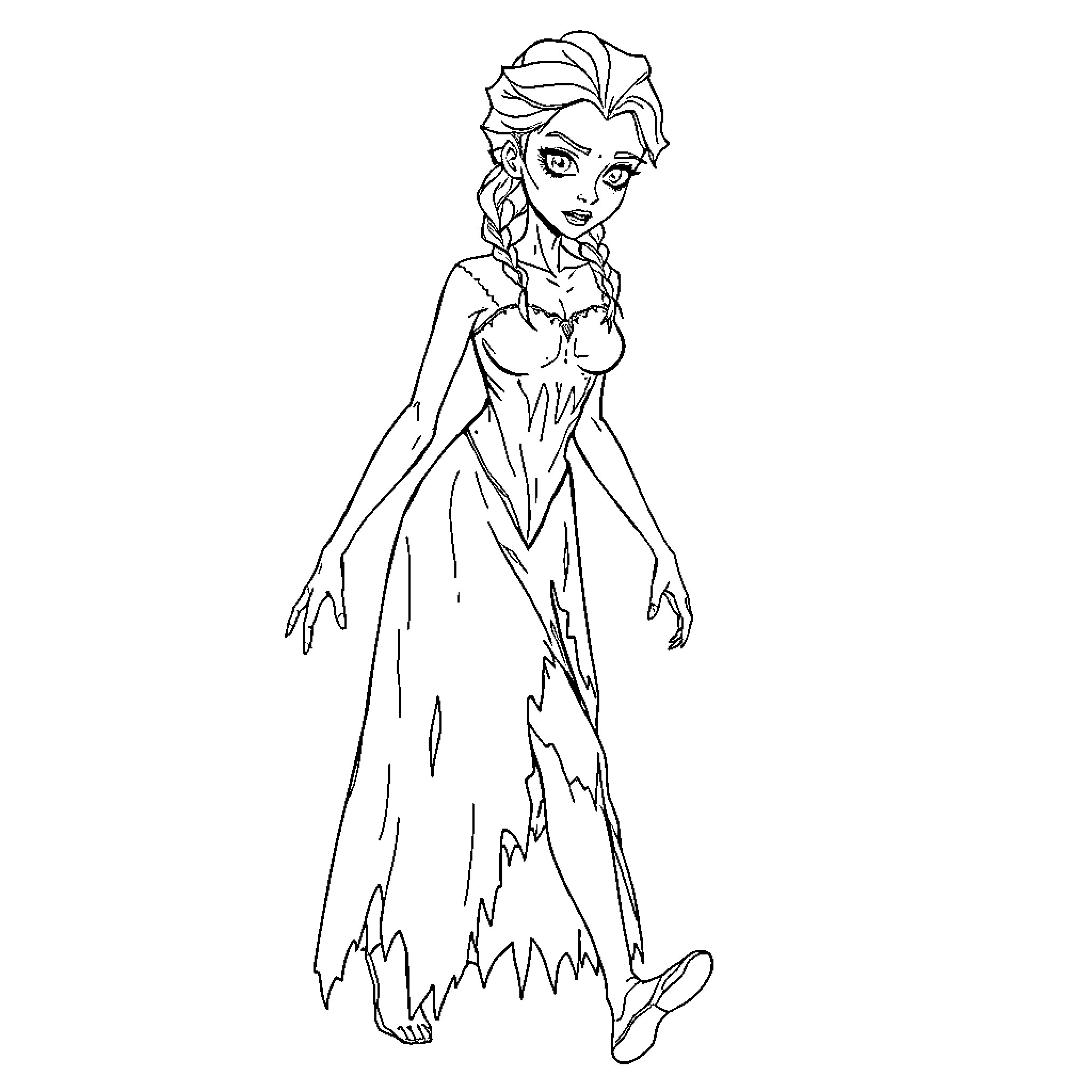 Zombie Elsa in torn and tattered gown Coloring Page (free black-and-white line drawing printable PDF for all, from beginners to advanced learners, including children, teens, adults, and seniors)