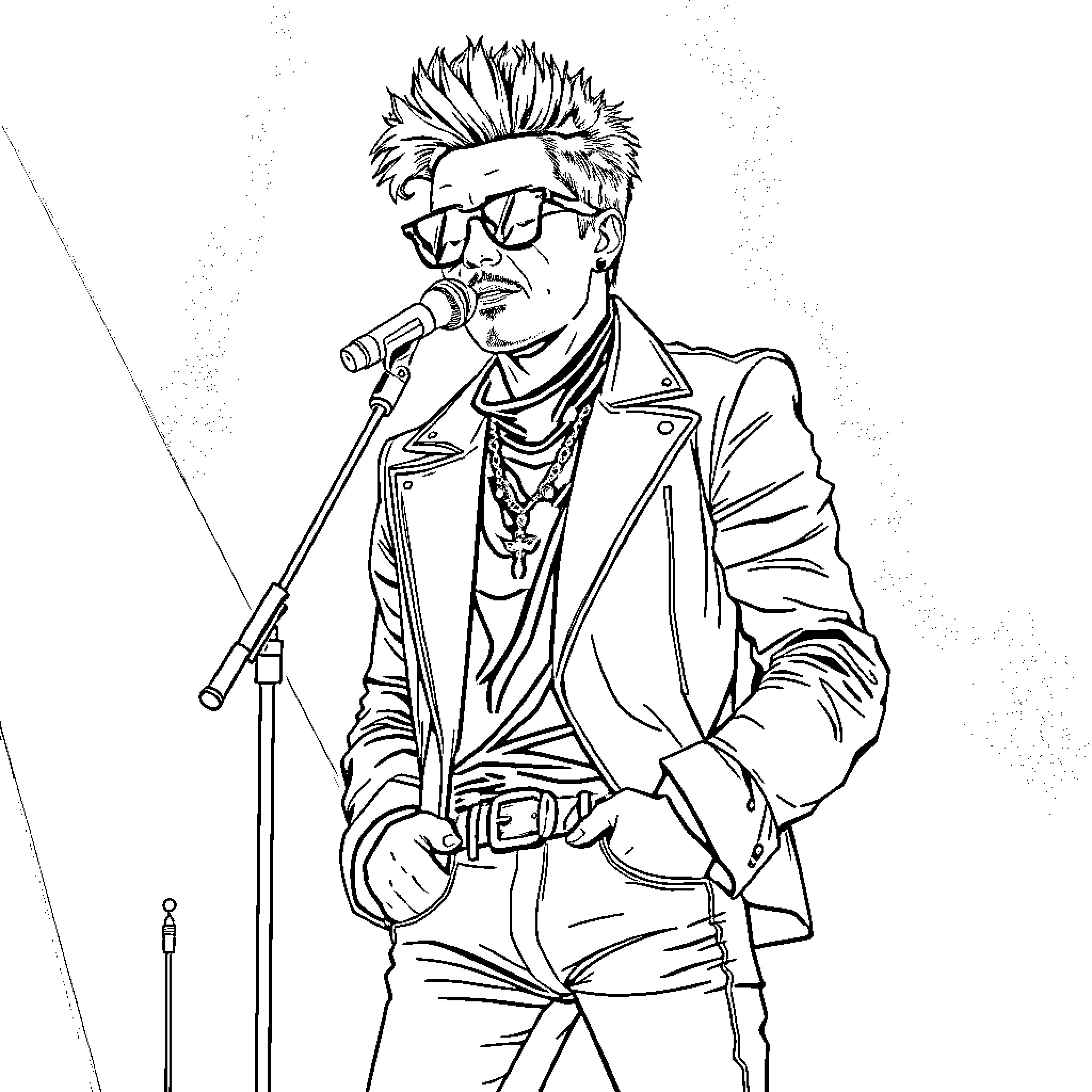 Bill Kaulitz performing on stage with microphone Coloring Page (free black-and-white line drawing printable PDF for all, from beginners to advanced learners, including children, teens, adults, and seniors)