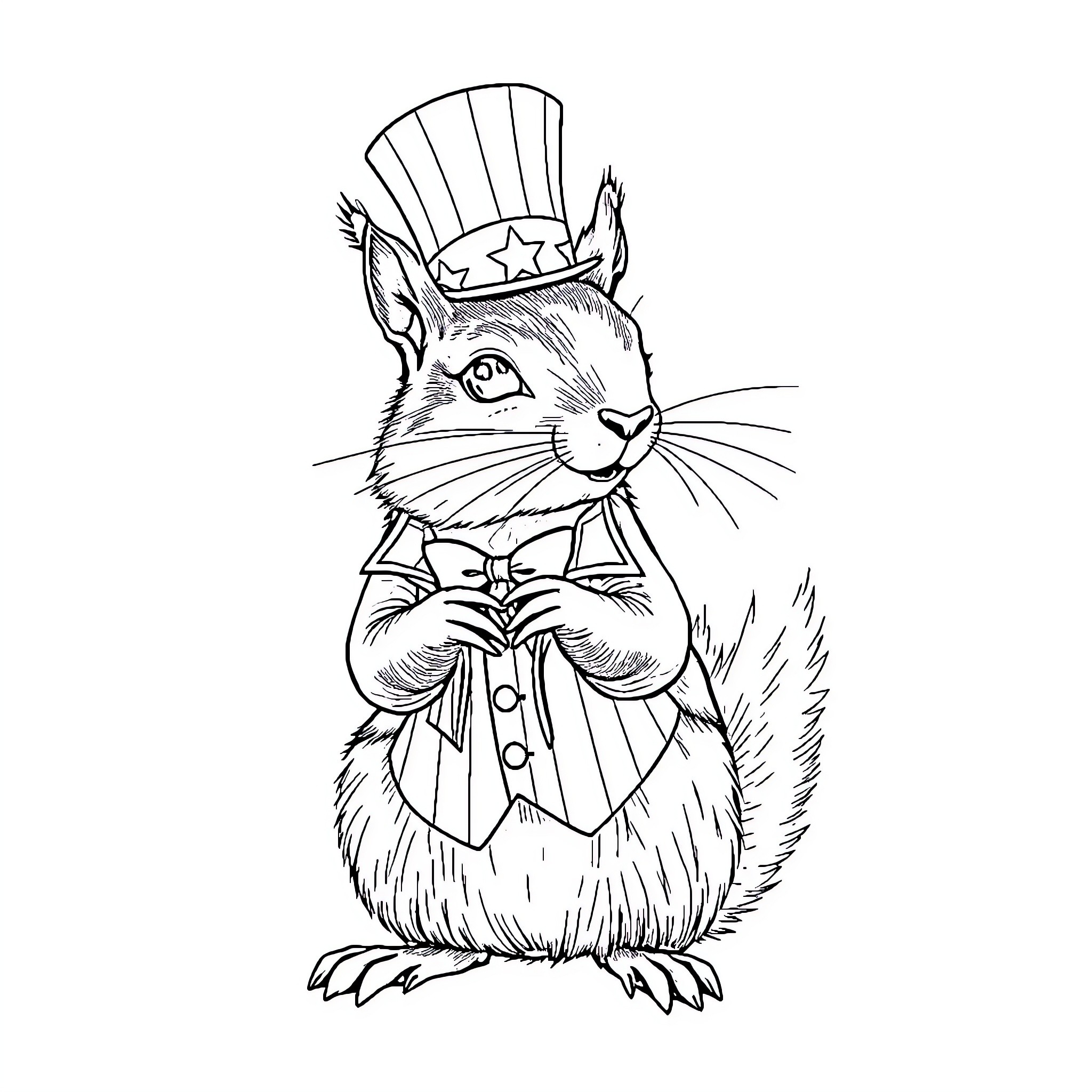 Squirrel in patriotic costume celebrating Coloring Page (free black-and-white line drawing printable PDF for all, from beginners to advanced learners, including children, teens, adults, and seniors)