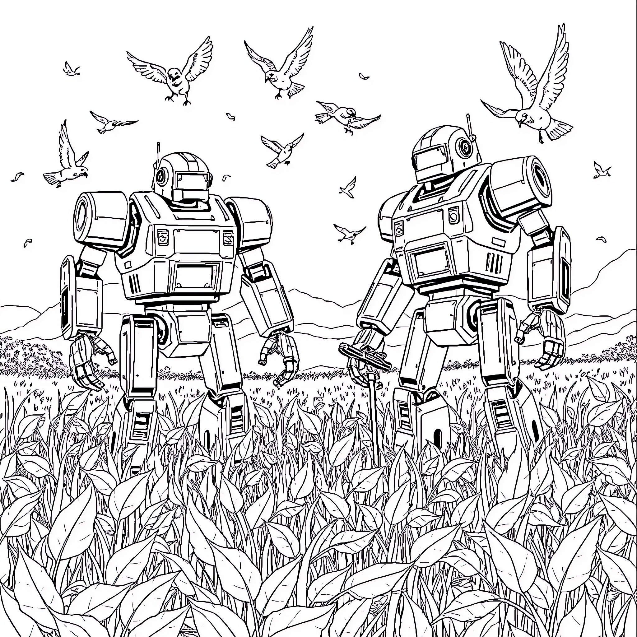 Robot companions exploring a field with birds Coloring Page (free black-and-white line drawing printable PDF for all, from beginners to advanced learners, including children, teens, adults, and seniors)