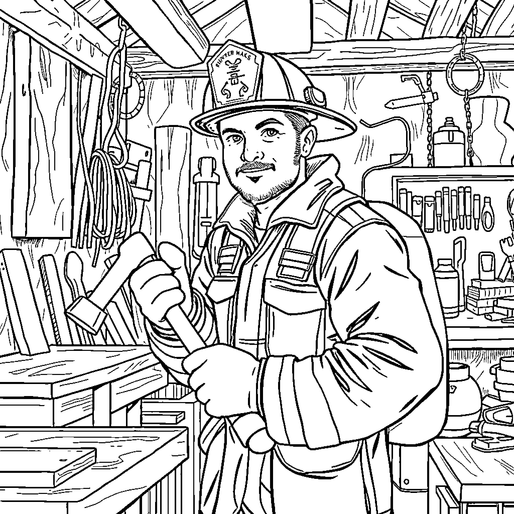 Firefighter Standing Amid Firehouse Equipment Coloring Page (free black-and-white line drawing printable PDF for all, from beginners to advanced learners, including children, teens, adults, and seniors)