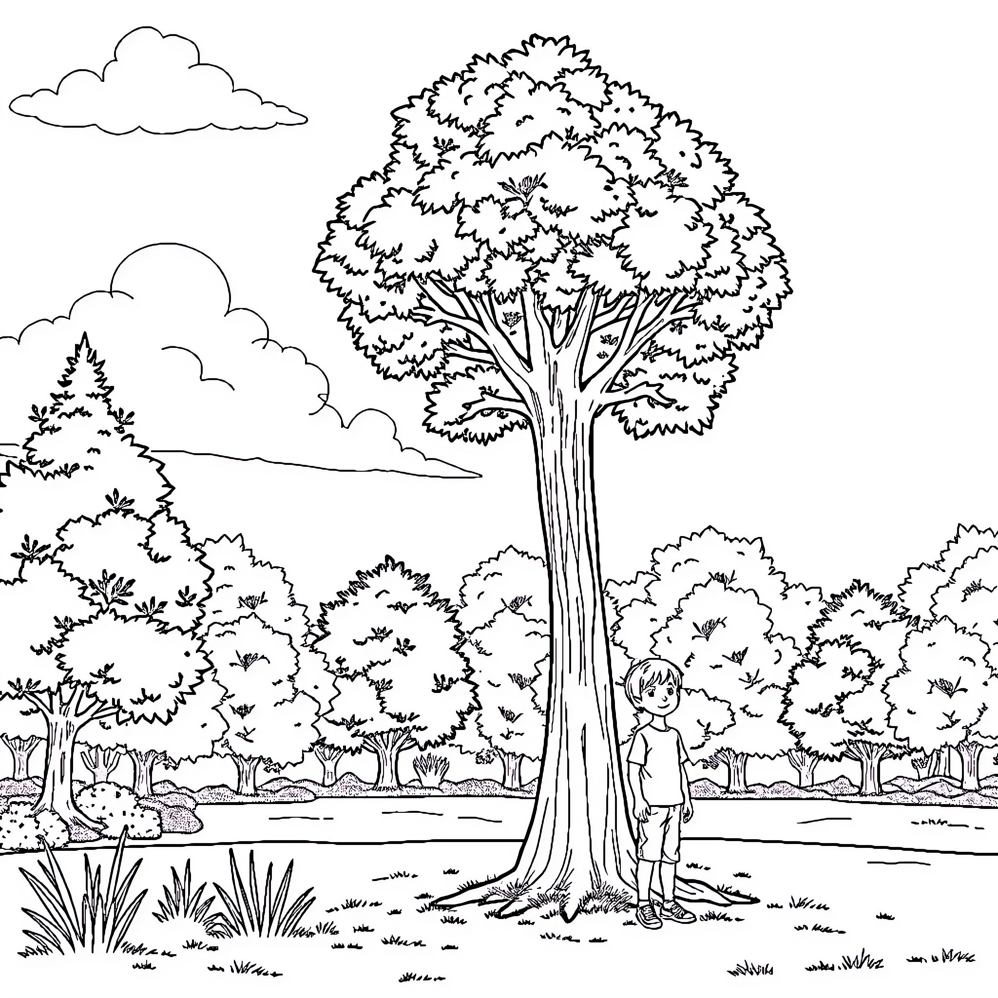 Boy standing under a large tree in the forest Coloring Page (free black-and-white line drawing printable PDF for all, from beginners to advanced learners, including children, teens, adults, and seniors)
