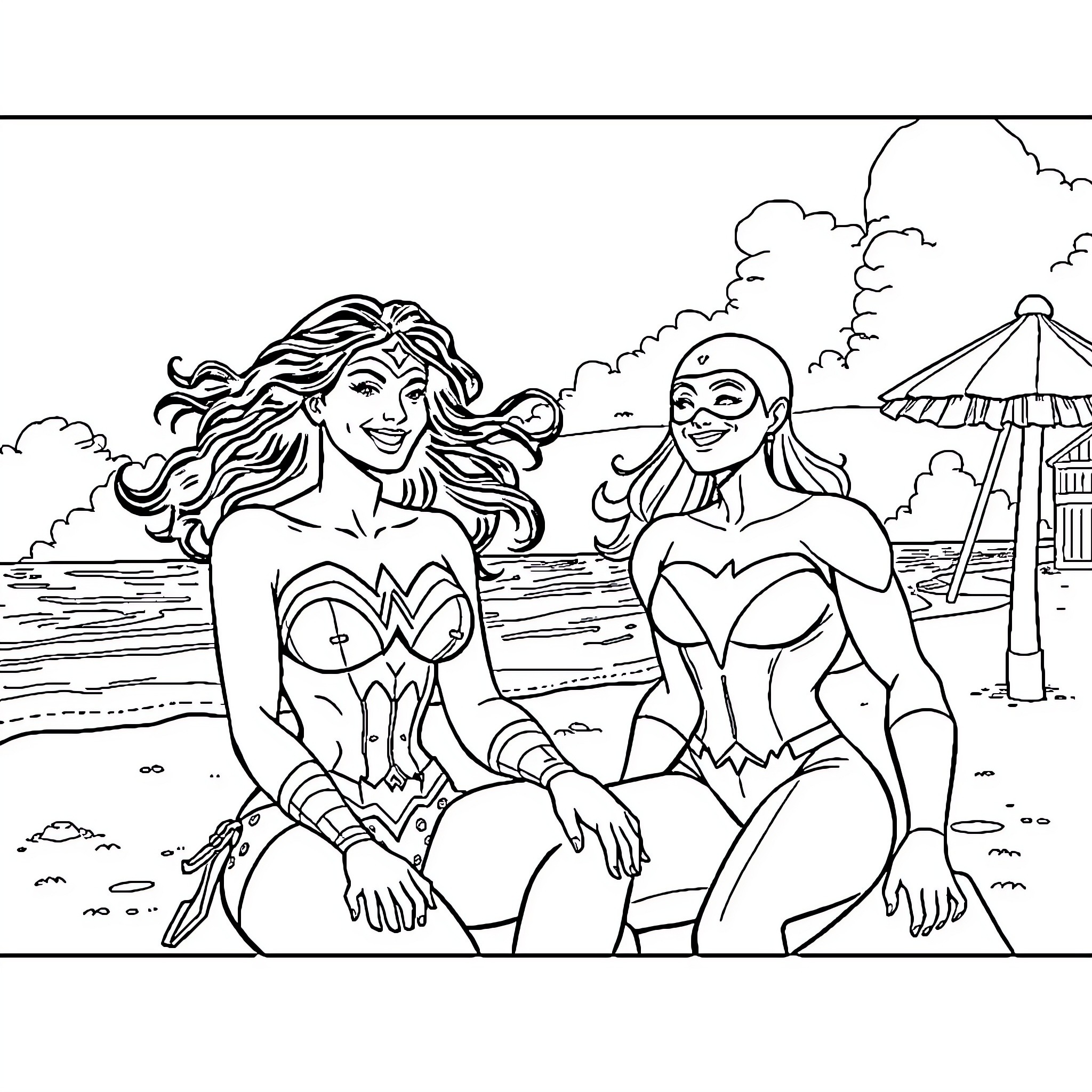Wonder Woman and a Companion Relaxing on the Beach Coloring Page (free black-and-white line drawing printable PDF for all, from beginners to advanced learners, including children, teens, adults, and seniors)