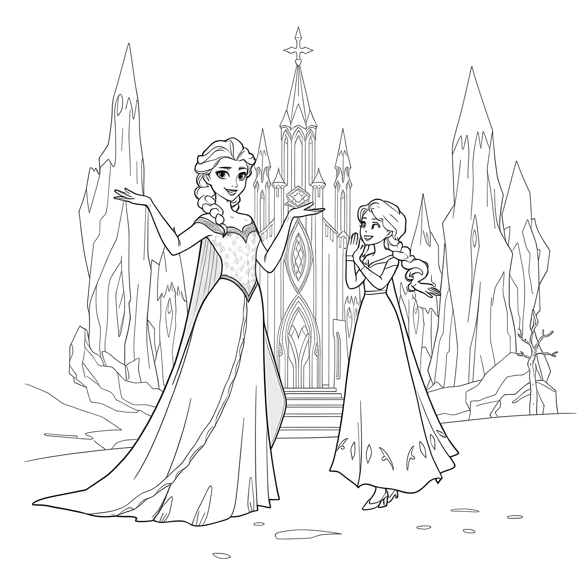 Elsa and Anna exploring a magical winter wonderland Coloring Page (free black-and-white line drawing printable PDF for all, from beginners to advanced learners, including children, teens, adults, and seniors)