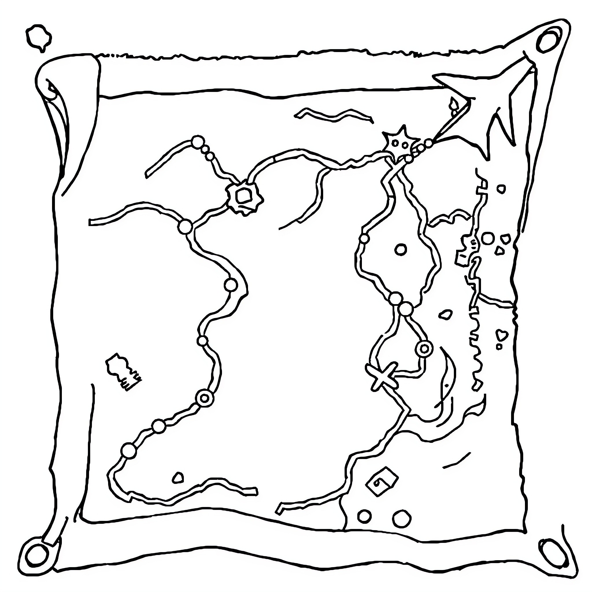 Treasure Map of Uncharted Territory Coloring Page (free black-and-white line drawing printable PDF for all, from beginners to advanced learners, including children, teens, adults, and seniors)