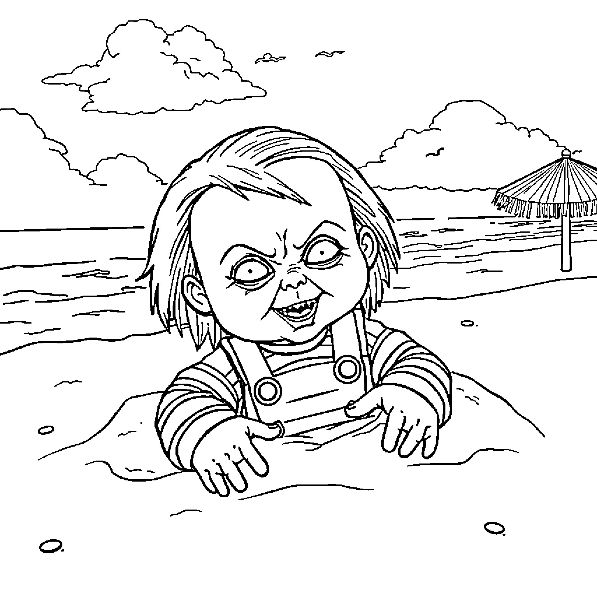 Chucky's Beach Adventure Coloring Page (free black-and-white line drawing printable PDF for all, from beginners to advanced learners, including children, teens, adults, and seniors)