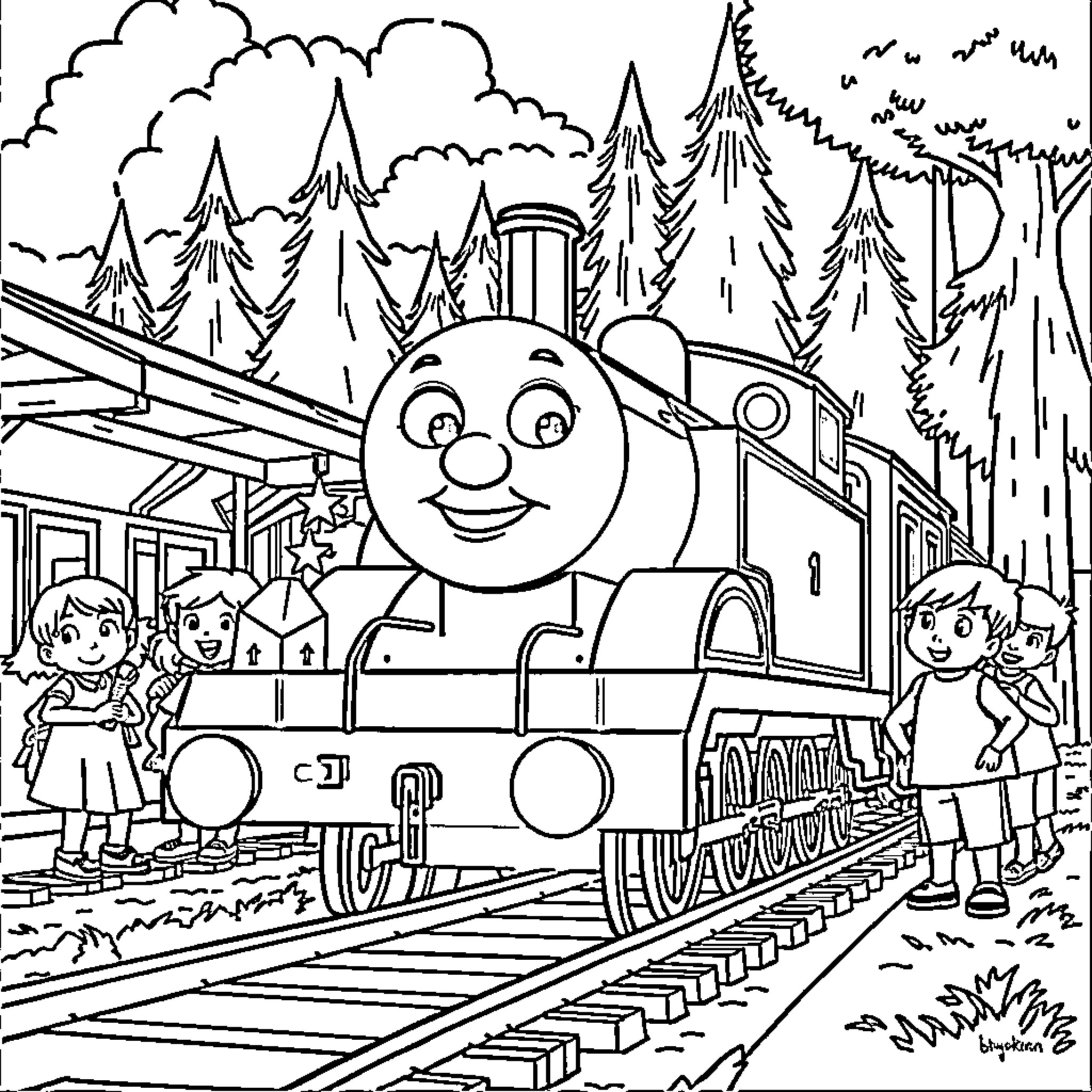 Thomas and friends explore the forest railway Coloring Page (free black-and-white line drawing printable PDF for all, from beginners to advanced learners, including children, teens, adults, and seniors)