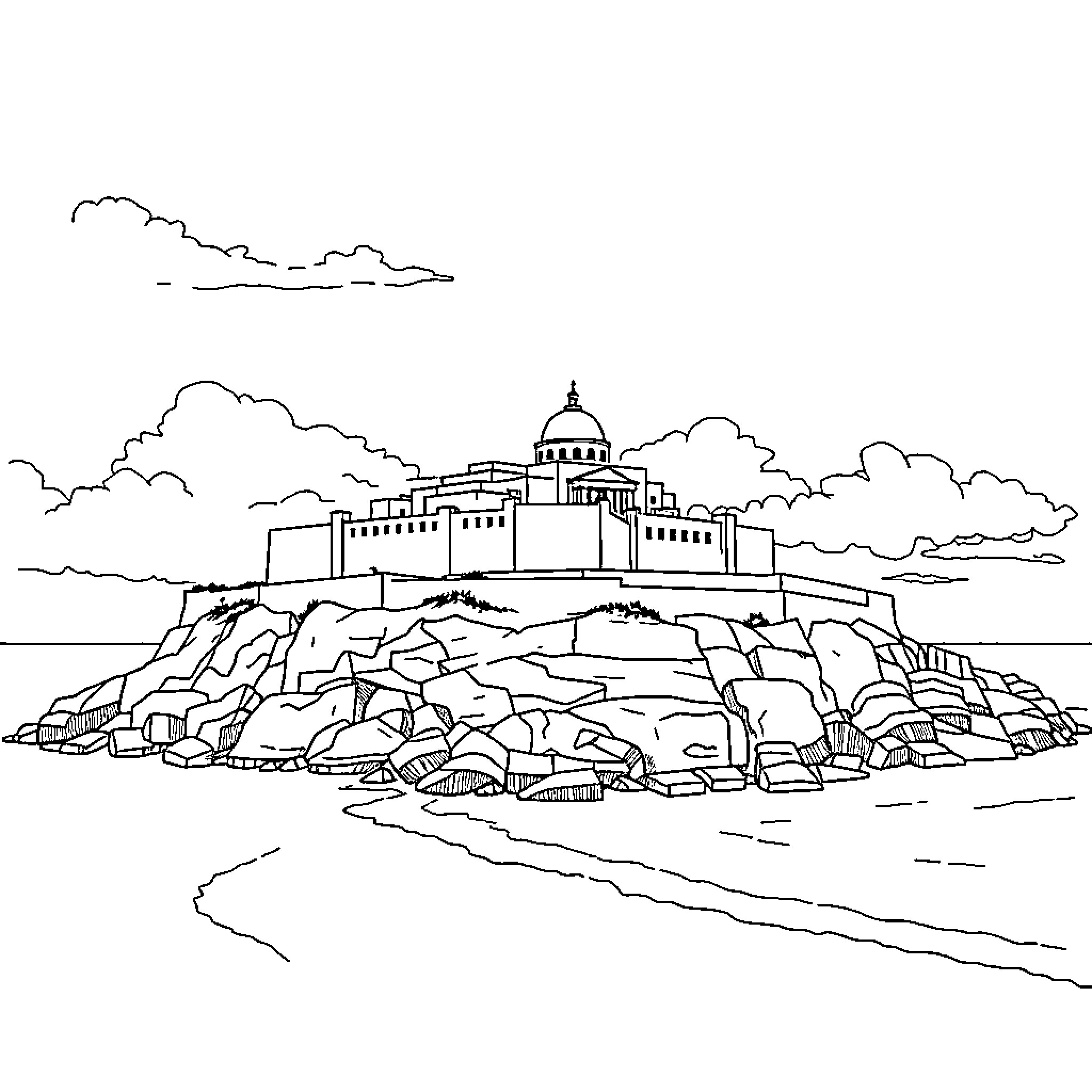 Fortaleza on a rocky island with clouds Coloring Page (free black-and-white line drawing printable PDF for all, from beginners to advanced learners, including children, teens, adults, and seniors)