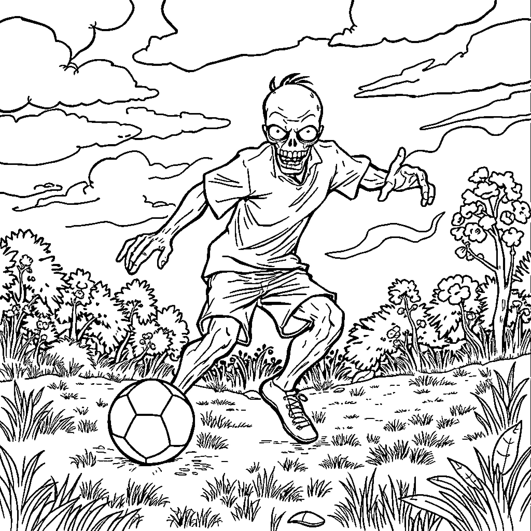 Zombie playing soccer in a spooky landscape Coloring Page (free black-and-white line drawing printable PDF for all, from beginners to advanced learners, including children, teens, adults, and seniors)