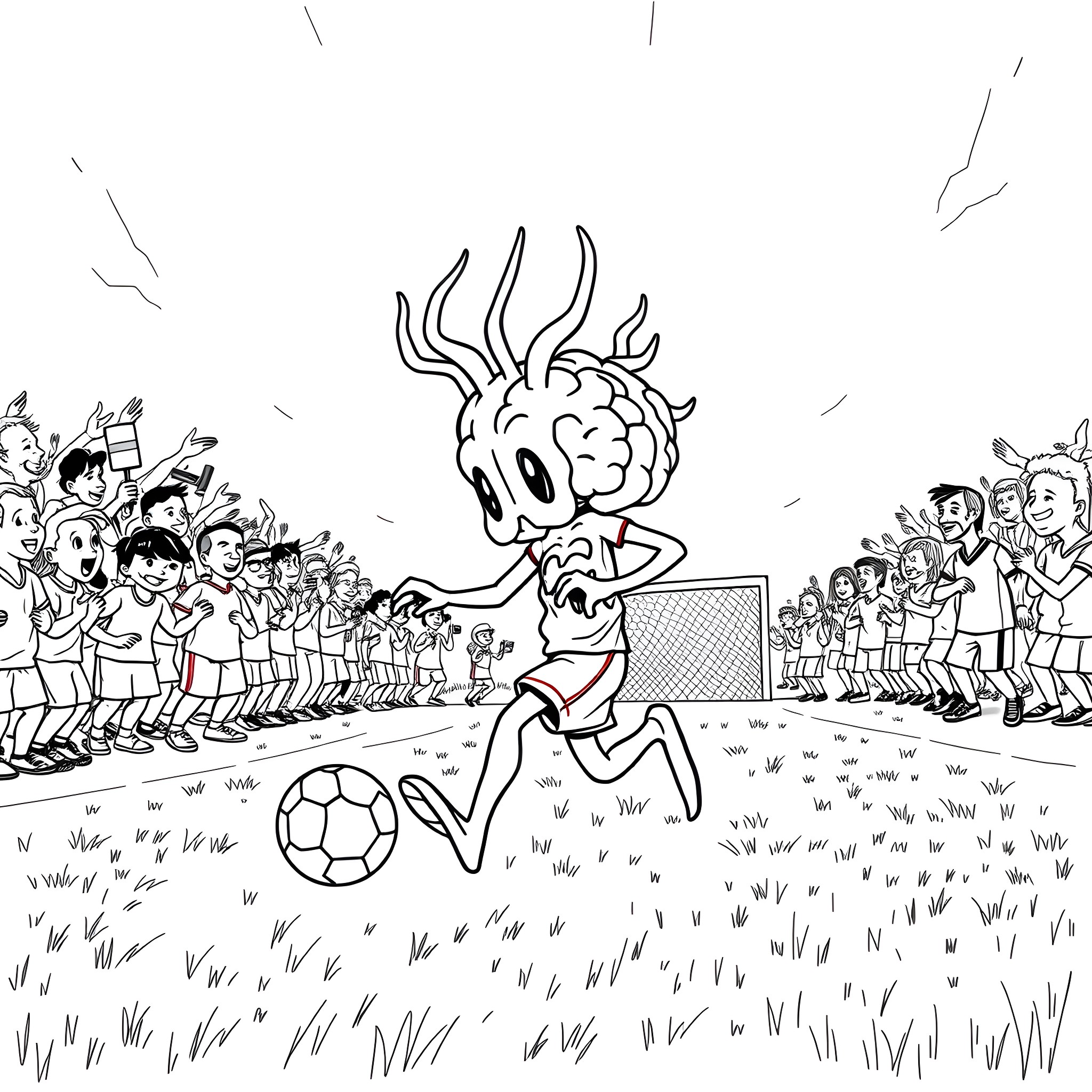 Brain Rot Soccer Shenanigans Coloring Page (free black-and-white line drawing printable PDF for all, from beginners to advanced learners, including children, teens, adults, and seniors)