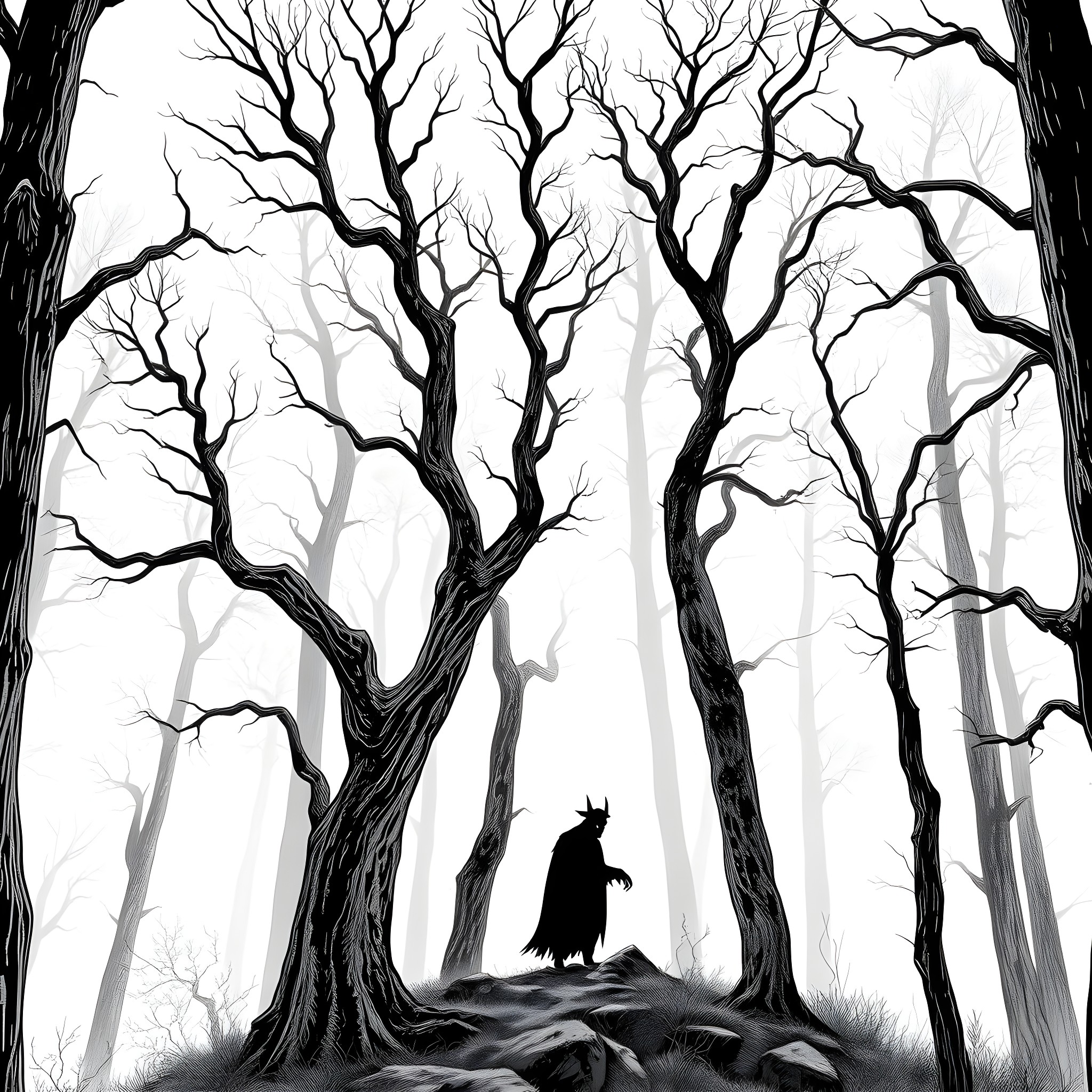 Wendigo in the Shadowy Forest Coloring Page (free black-and-white line drawing printable PDF for all, from beginners to advanced learners, including children, teens, adults, and seniors)