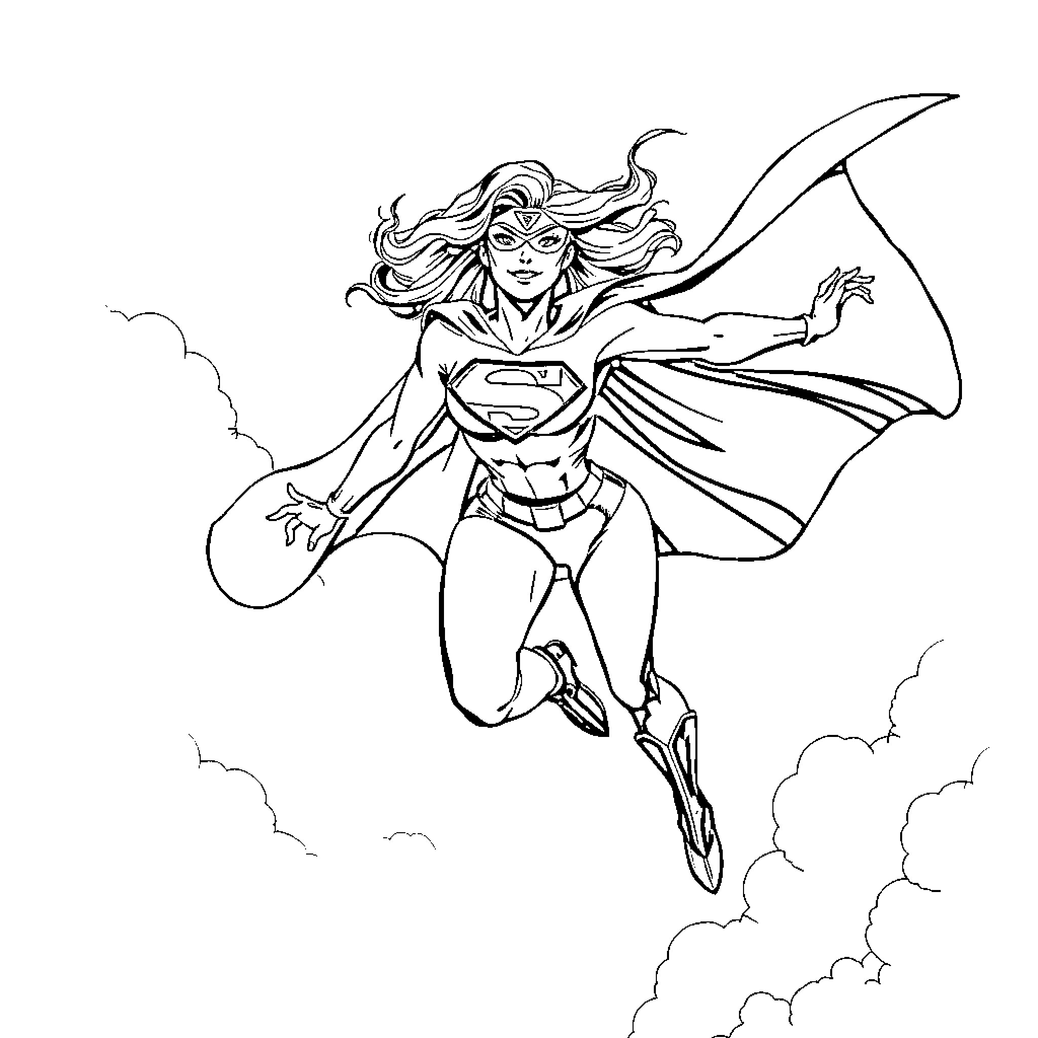 Powergirl heroically soaring through the skies Coloring Page (free black-and-white line drawing printable PDF for all, from beginners to advanced learners, including children, teens, adults, and seniors)