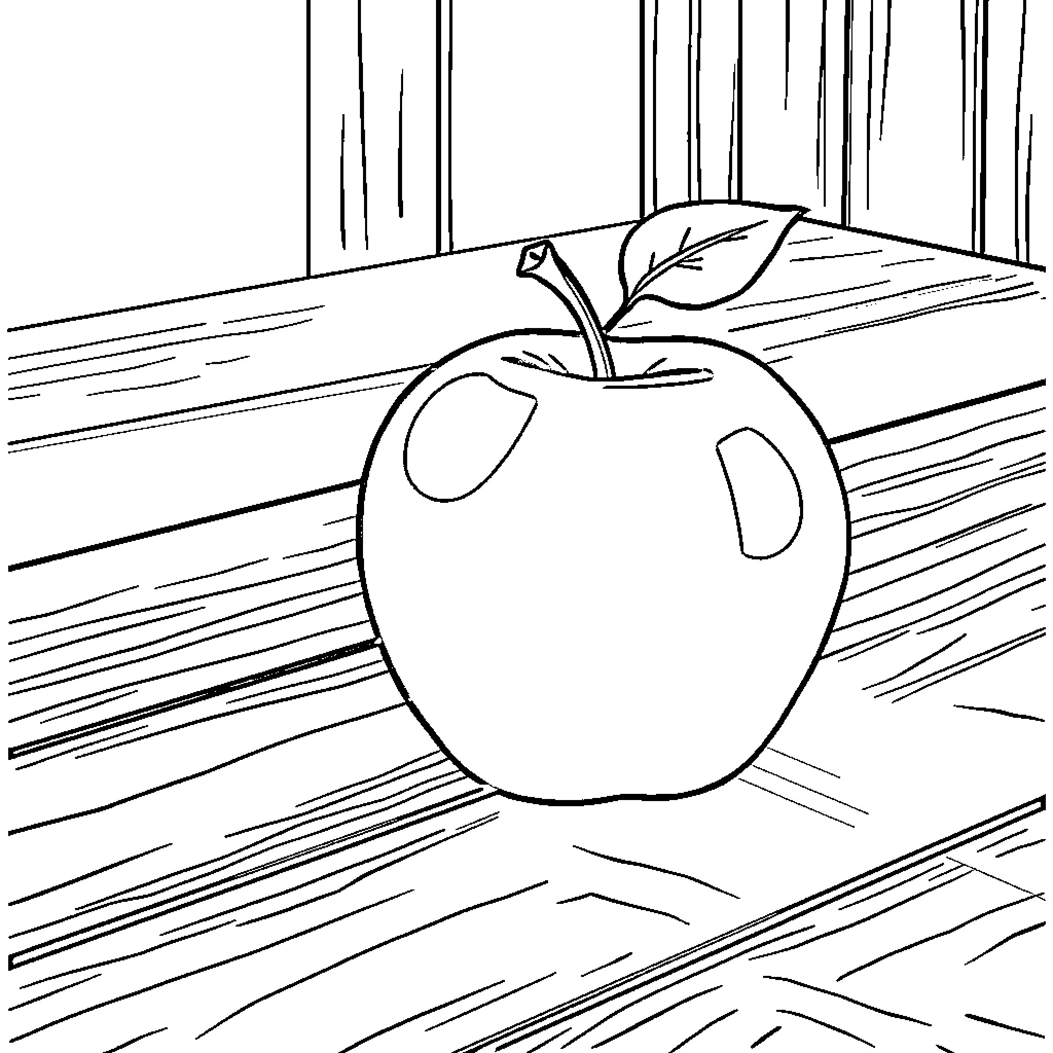 Apple on a wooden surface Coloring Page (free black-and-white line drawing printable PDF for all, from beginners to advanced learners, including children, teens, adults, and seniors)