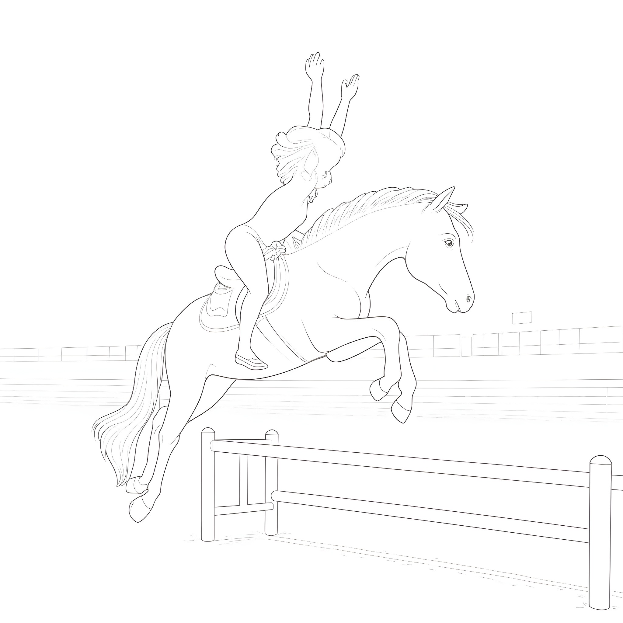 Gymnast performing equestrian jump on horse Coloring Page (free black-and-white line drawing printable PDF for all, from beginners to advanced learners, including children, teens, adults, and seniors)