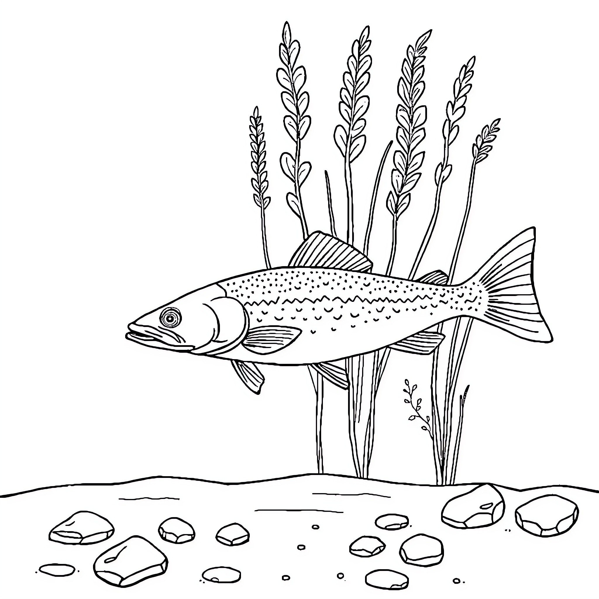 Pike swimming amongst swaying plants in the waters Coloring Page (free black-and-white line drawing printable PDF for all, from beginners to advanced learners, including children, teens, adults, and seniors)