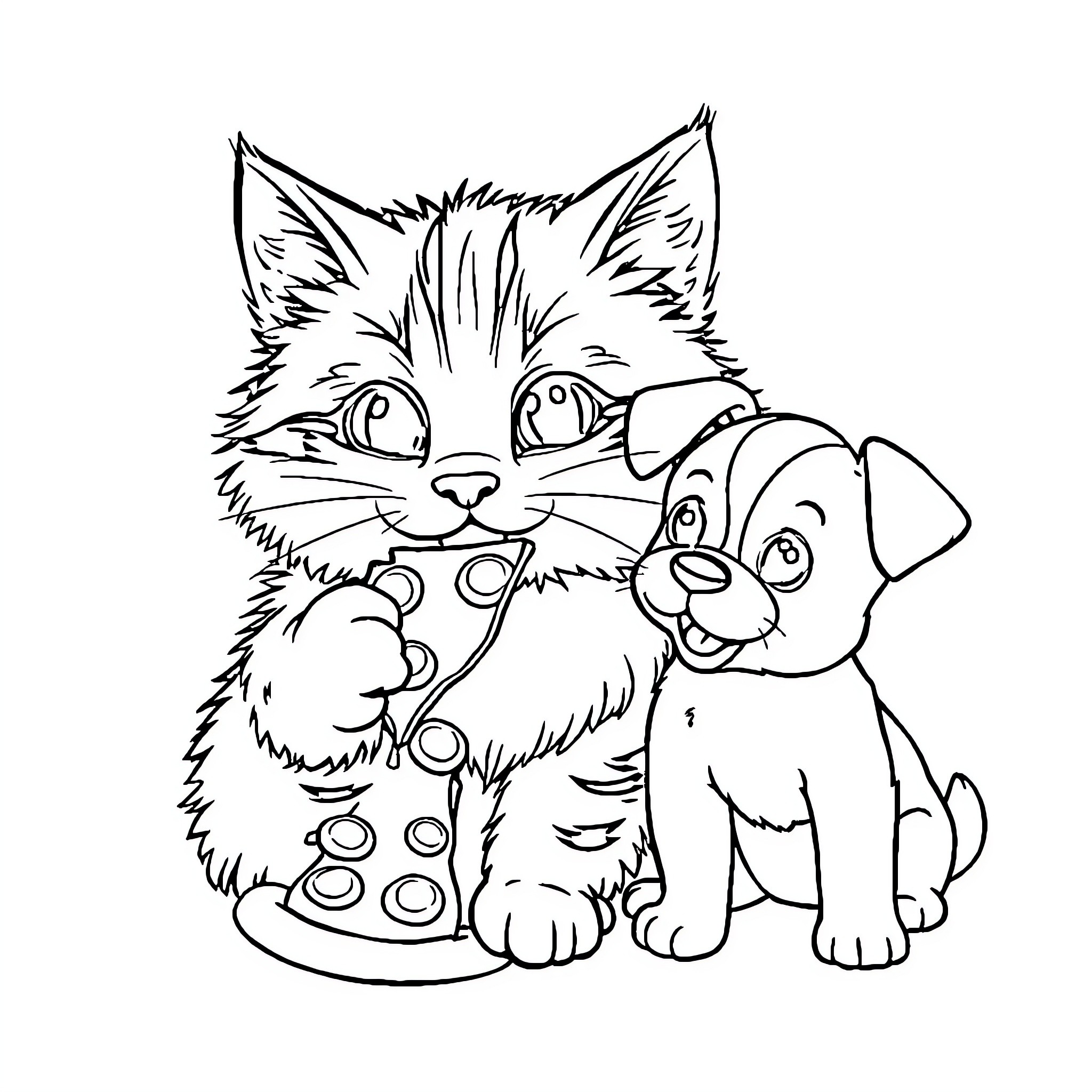 Cat and Puppy Playing Together Coloring Page (free black-and-white line drawing printable PDF for all, from beginners to advanced learners, including children, teens, adults, and seniors)