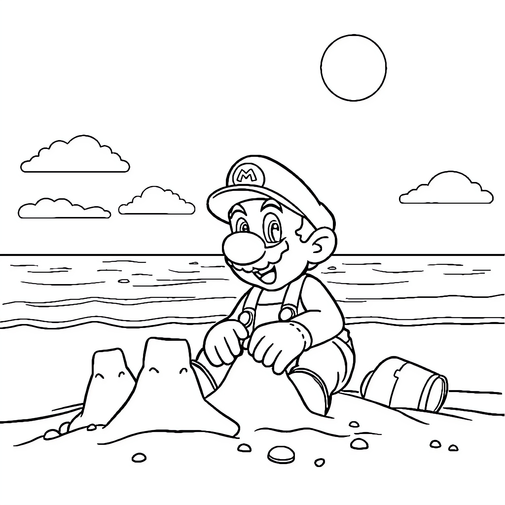 Mario relaxing on the beach Coloring Page (free black-and-white line drawing printable PDF for all, from beginners to advanced learners, including children, teens, adults, and seniors)