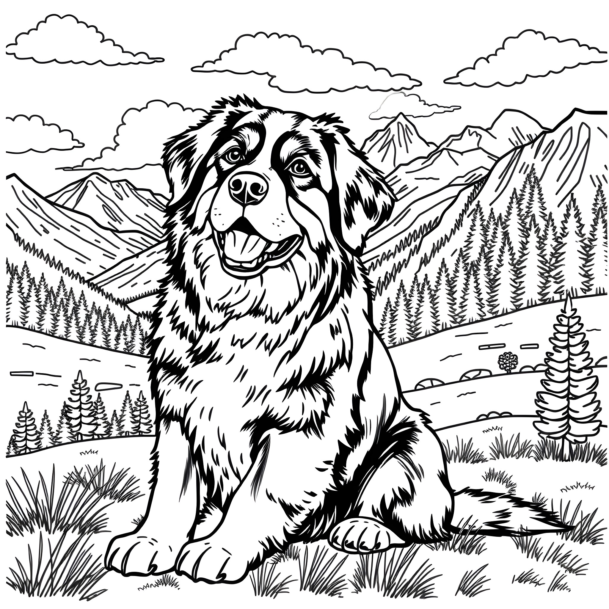 Bernese Mountain Dog enjoying the mountain scenery Coloring Page (free black-and-white line drawing printable PDF for all, from beginners to advanced learners, including children, teens, adults, and seniors)