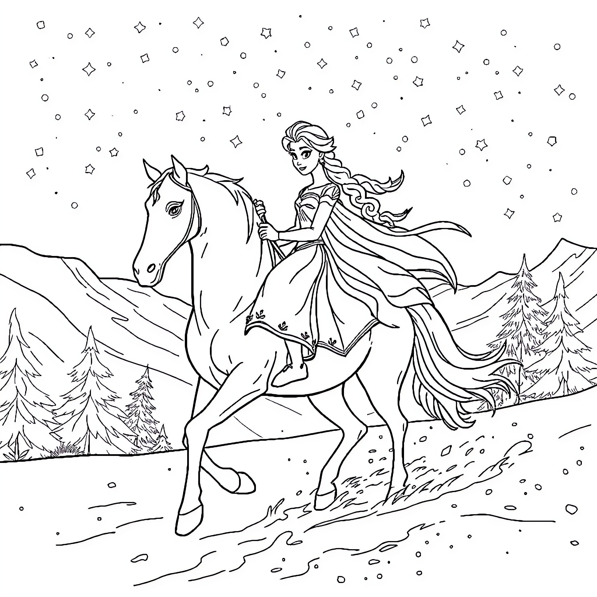 Princess riding a horse in the snowy mountains Coloring Page (free black-and-white line drawing printable PDF for all, from beginners to advanced learners, including children, teens, adults, and seniors)