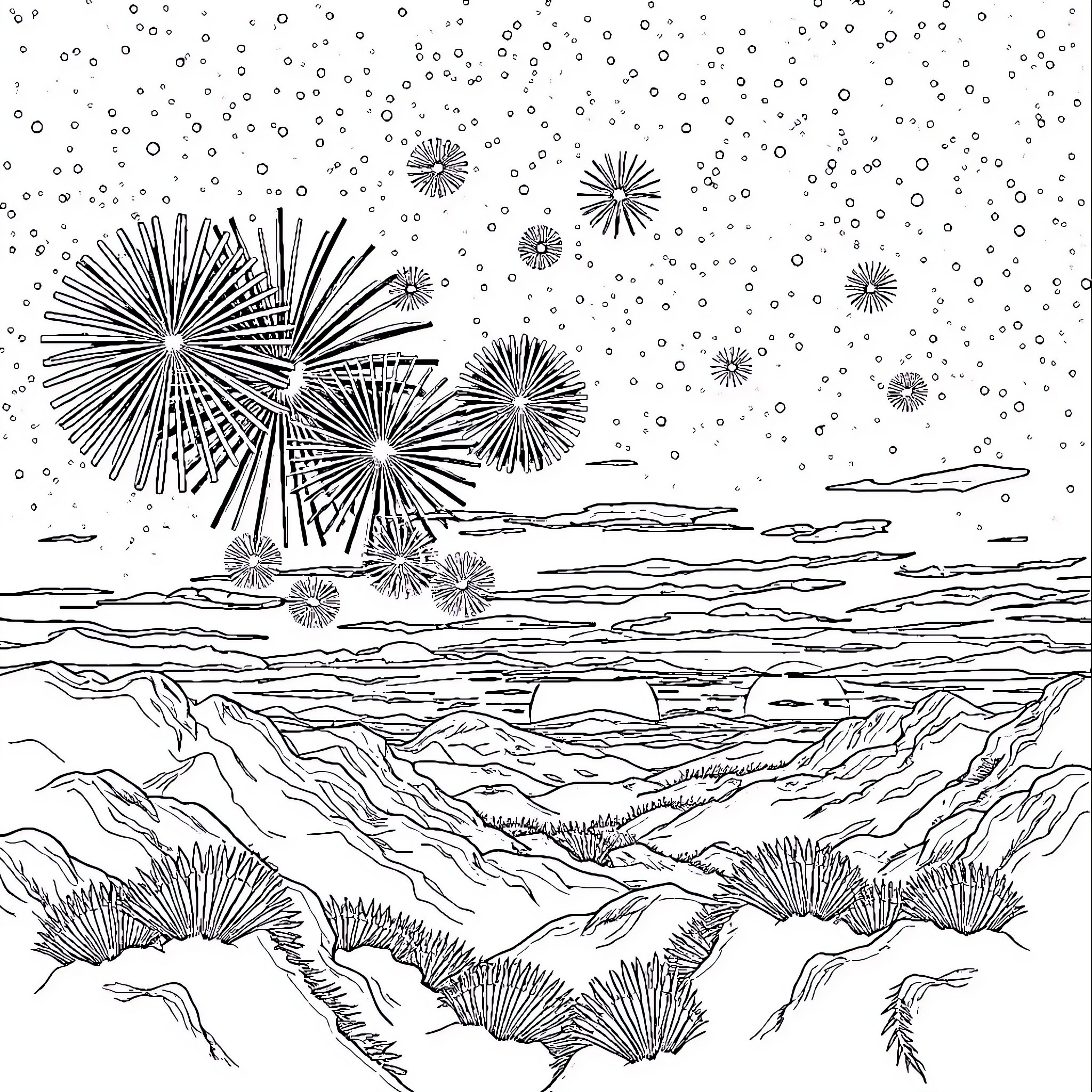 Space Fireworks over Rugged Landscape Coloring Page (free black-and-white line drawing printable PDF for all, from beginners to advanced learners, including children, teens, adults, and seniors)