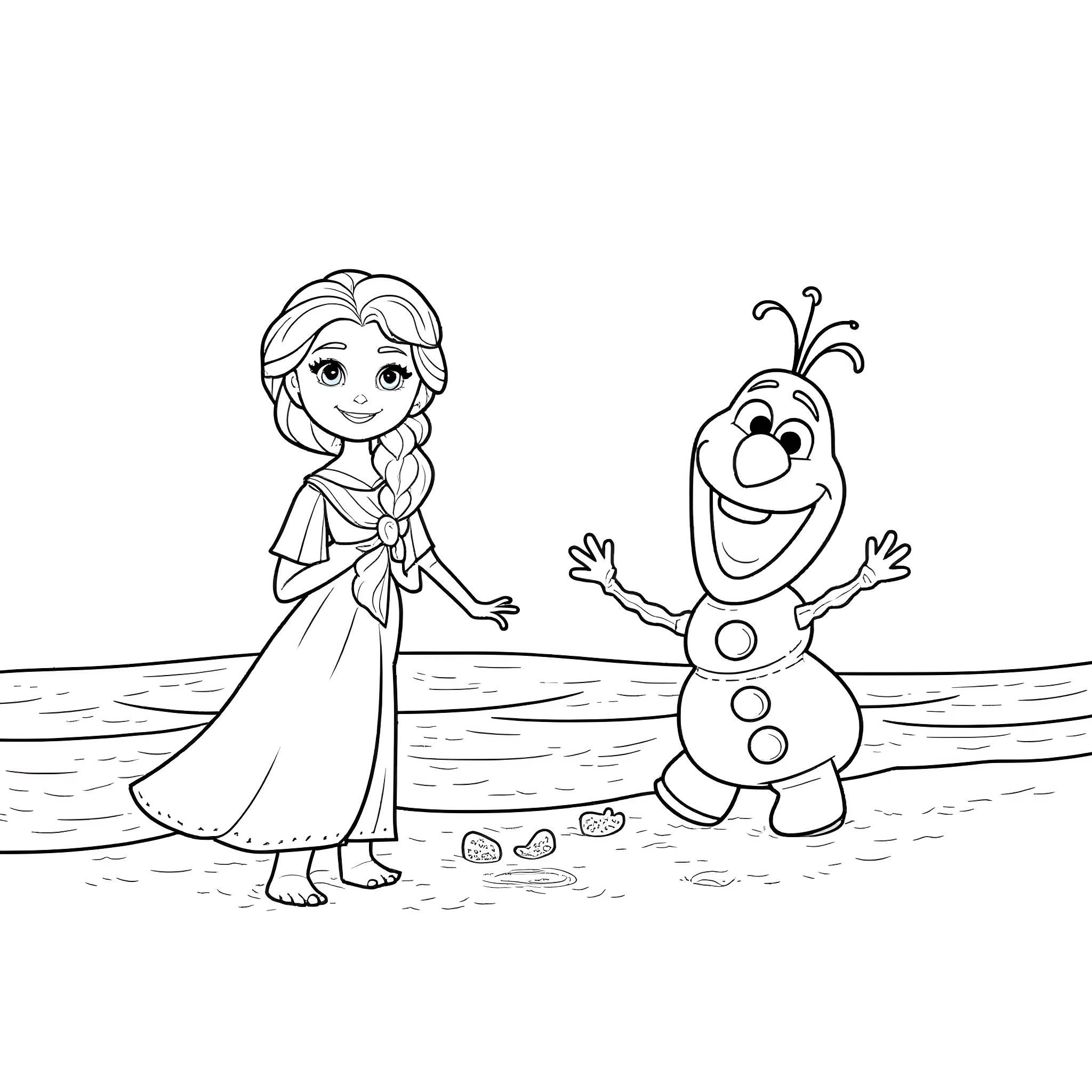 Elsa and Olaf playing in the winter wonderland Coloring Page (free black-and-white line drawing printable PDF for all, from beginners to advanced learners, including children, teens, adults, and seniors)