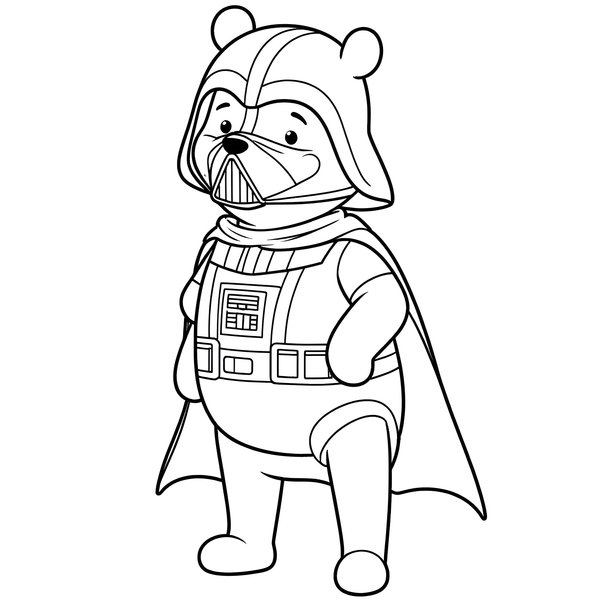 Winnie The Pooh dressed as Darth Vader Coloring Page (free black-and-white line drawing printable PDF for all, from beginners to advanced learners, including children, teens, adults, and seniors)