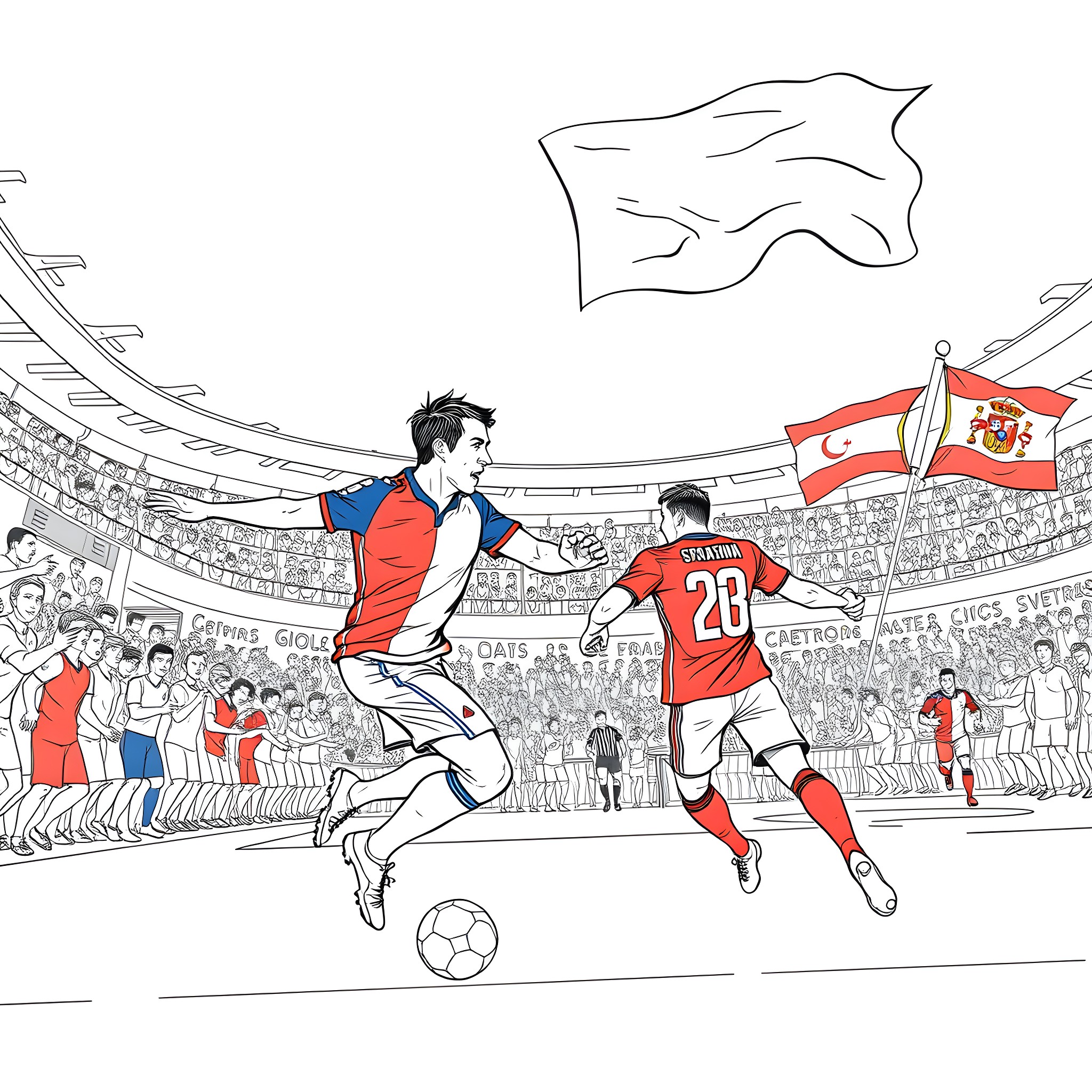 Football players in action on the field Coloring Page (free black-and-white line drawing printable PDF for all, from beginners to advanced learners, including children, teens, adults, and seniors)