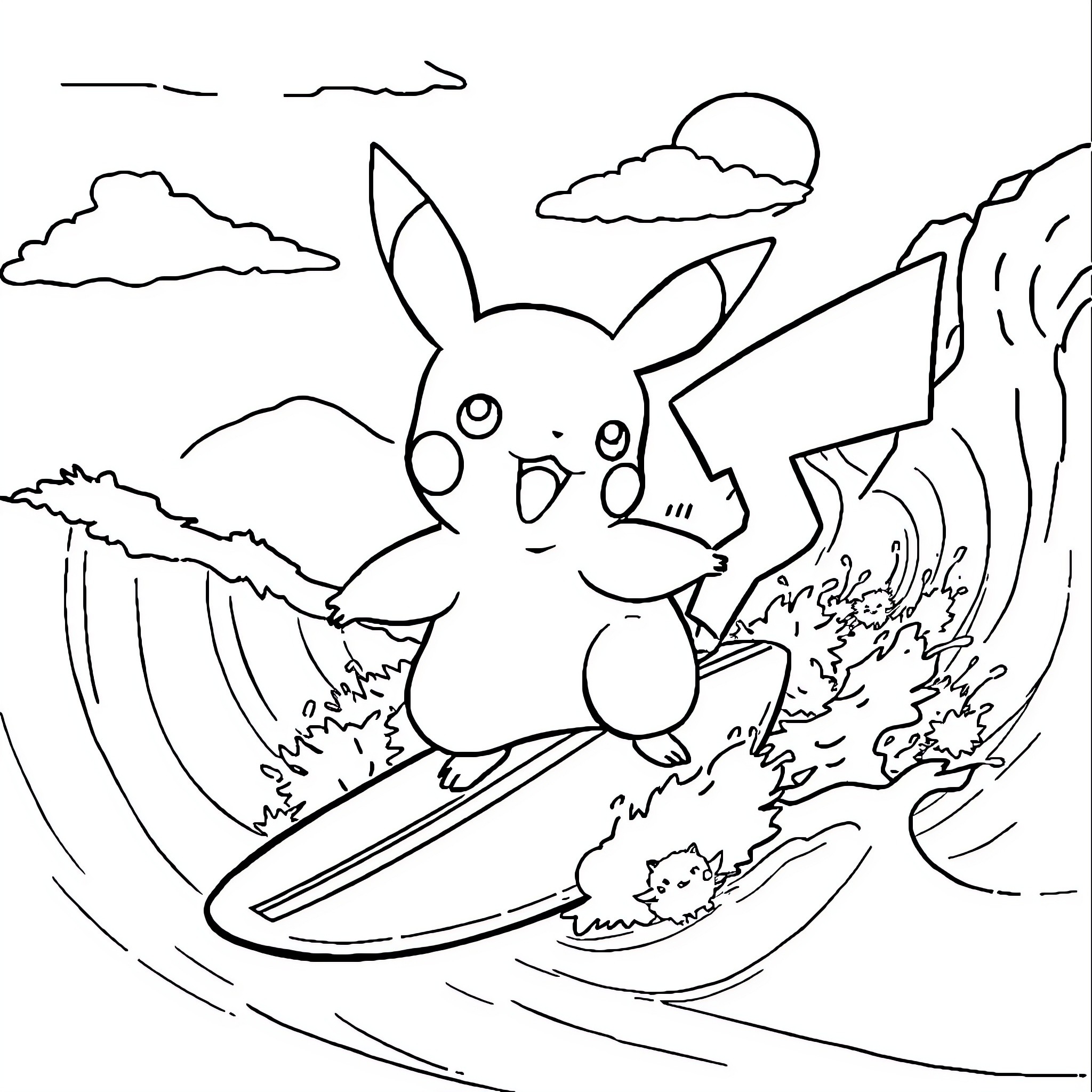 Pikachu surfing on a wave Coloring Page (free black-and-white line drawing printable PDF for all, from beginners to advanced learners, including children, teens, adults, and seniors)