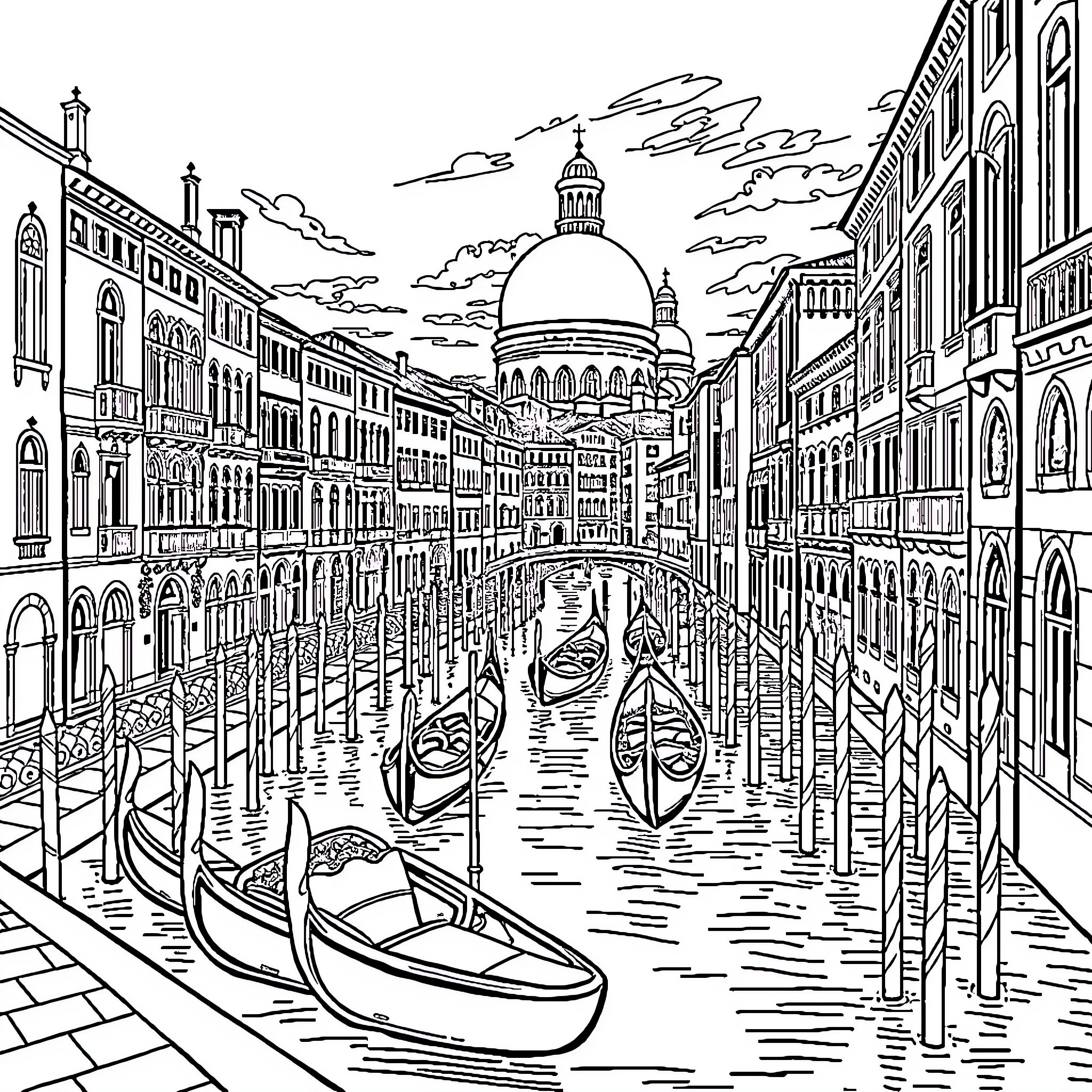 Venice Gondola Ride along the Historic Canals Coloring Page (free black-and-white line drawing printable PDF for all, from beginners to advanced learners, including children, teens, adults, and seniors)