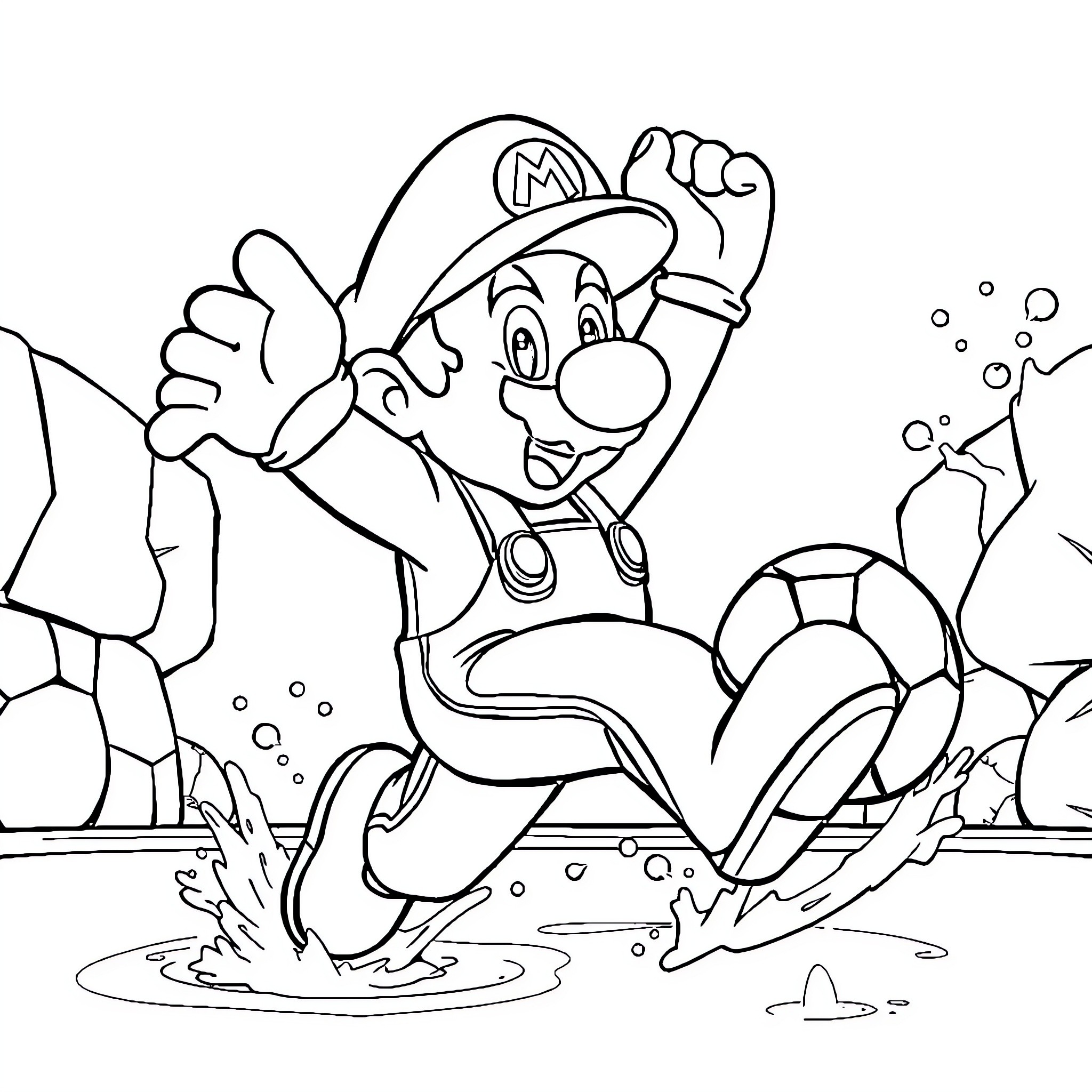 Mario splashing through water and jumping Coloring Page (free black-and-white line drawing printable PDF for all, from beginners to advanced learners, including children, teens, adults, and seniors)