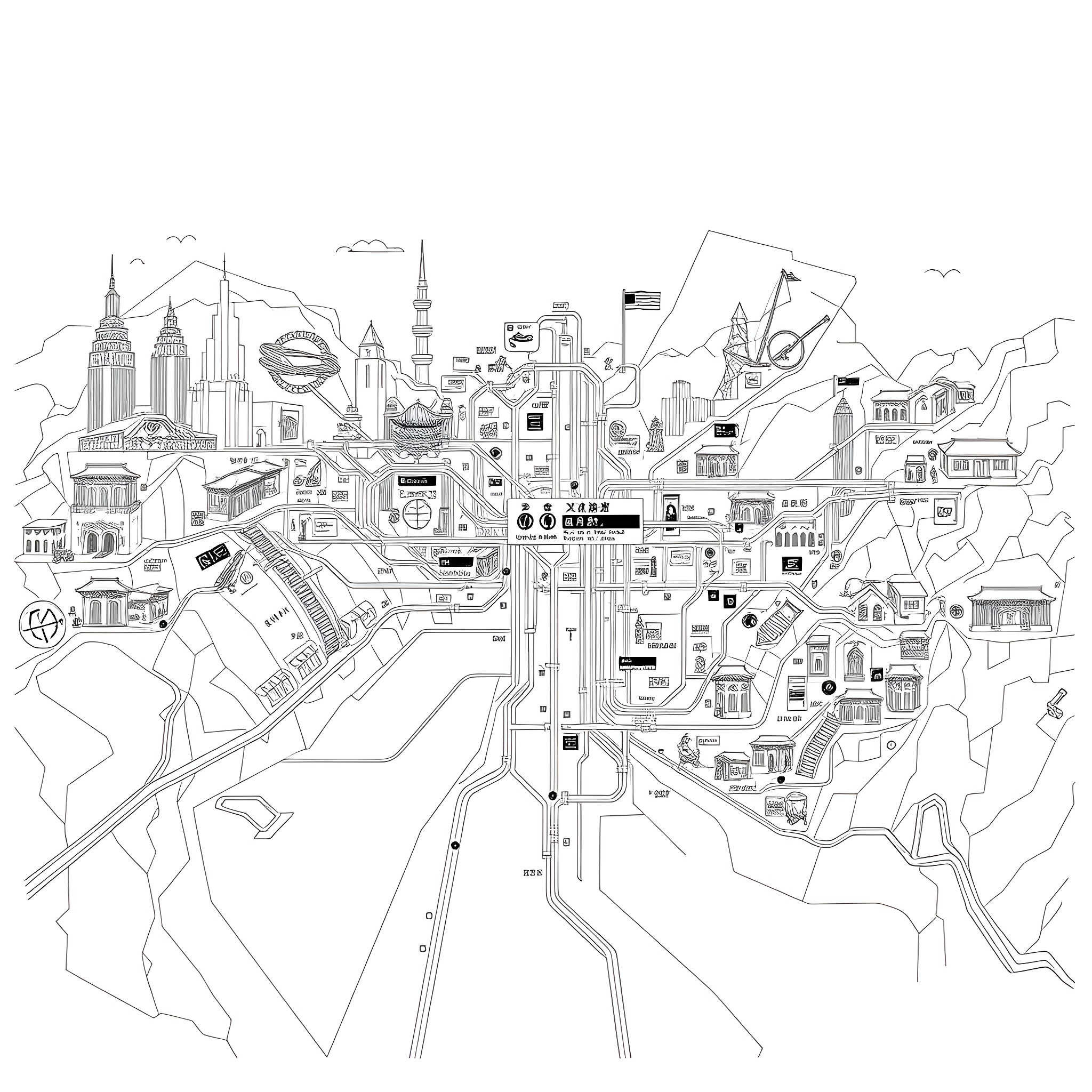 Subway Map of a Bustling Urban Landscape Coloring Page (free black-and-white line drawing printable PDF for all, from beginners to advanced learners, including children, teens, adults, and seniors)