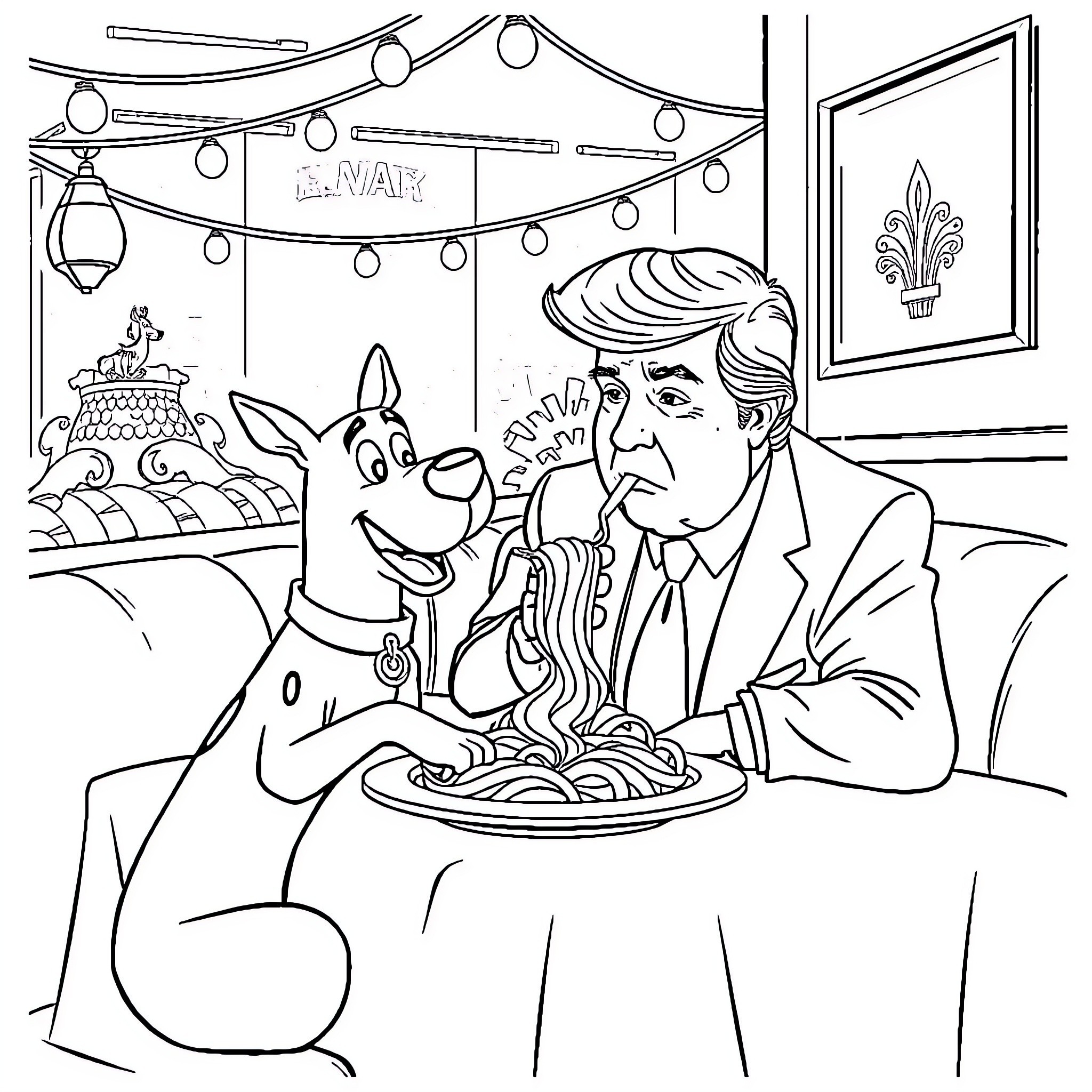 Donald Trump enjoying a meal with a cartoon dog Coloring Page (free black-and-white line drawing printable PDF for all, from beginners to advanced learners, including children, teens, adults, and seniors)