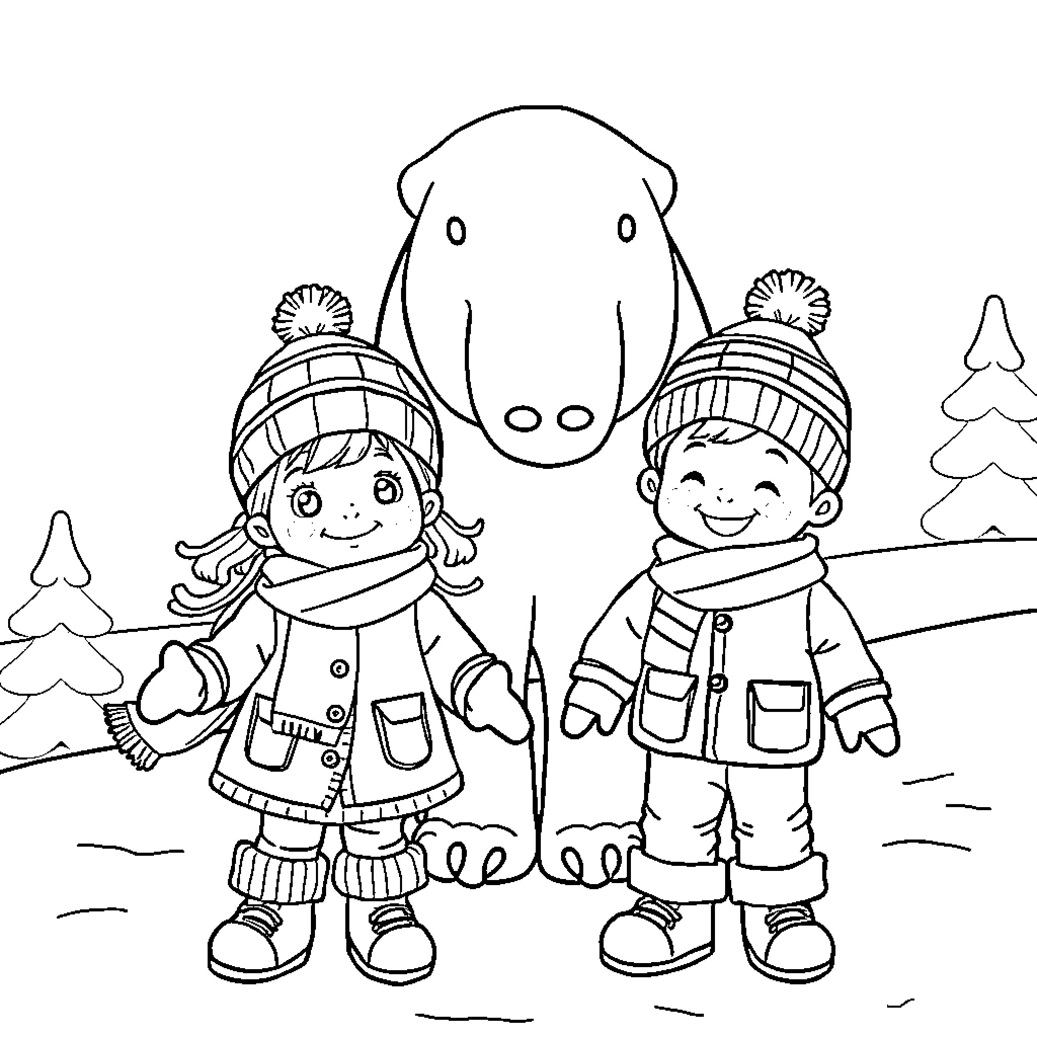 Niño and friends enjoying winter wonderland Coloring Page (free black-and-white line drawing printable PDF for all, from beginners to advanced learners, including children, teens, adults, and seniors)