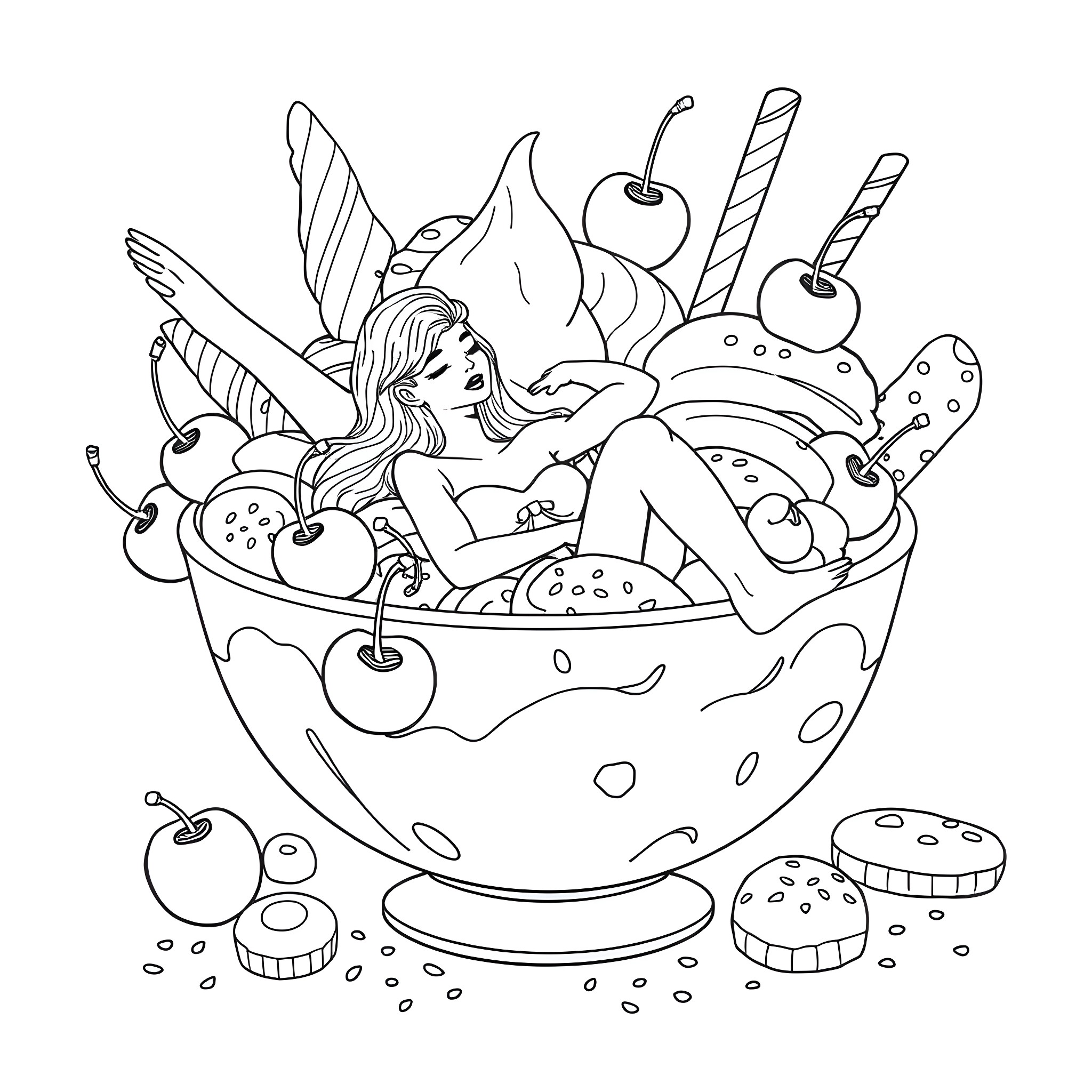 Woman resting in a delectable dessert Coloring Page (free black-and-white line drawing printable PDF for all, from beginners to advanced learners, including children, teens, adults, and seniors)