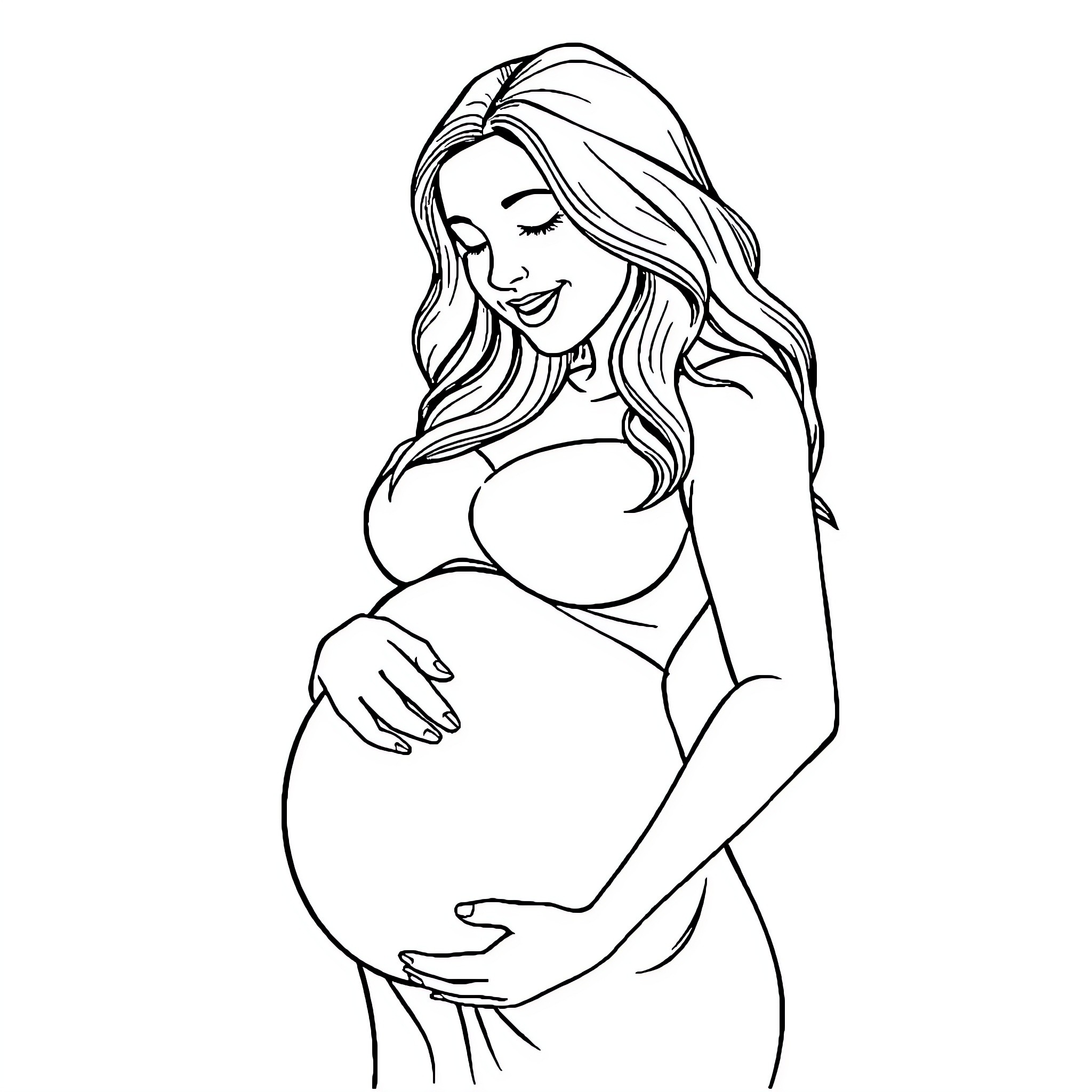 Pregnant Woman Embracing Her Belly with Joy Coloring Page (free black-and-white line drawing printable PDF for all, from beginners to advanced learners, including children, teens, adults, and seniors)
