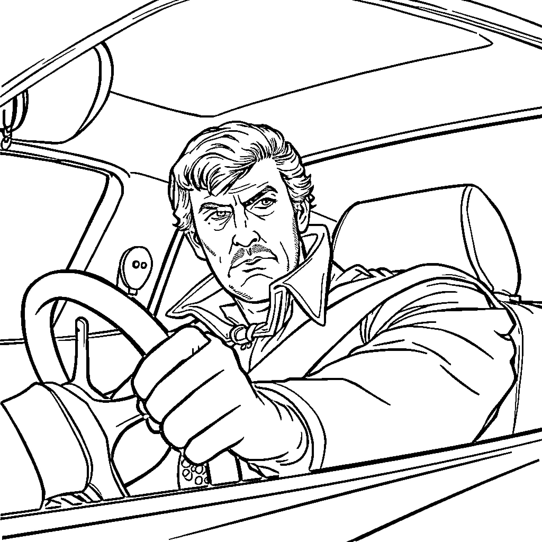 Richard Sharpe driving a car with a serious expression Coloring Page (free black-and-white line drawing printable PDF for all, from beginners to advanced learners, including children, teens, adults, and seniors)