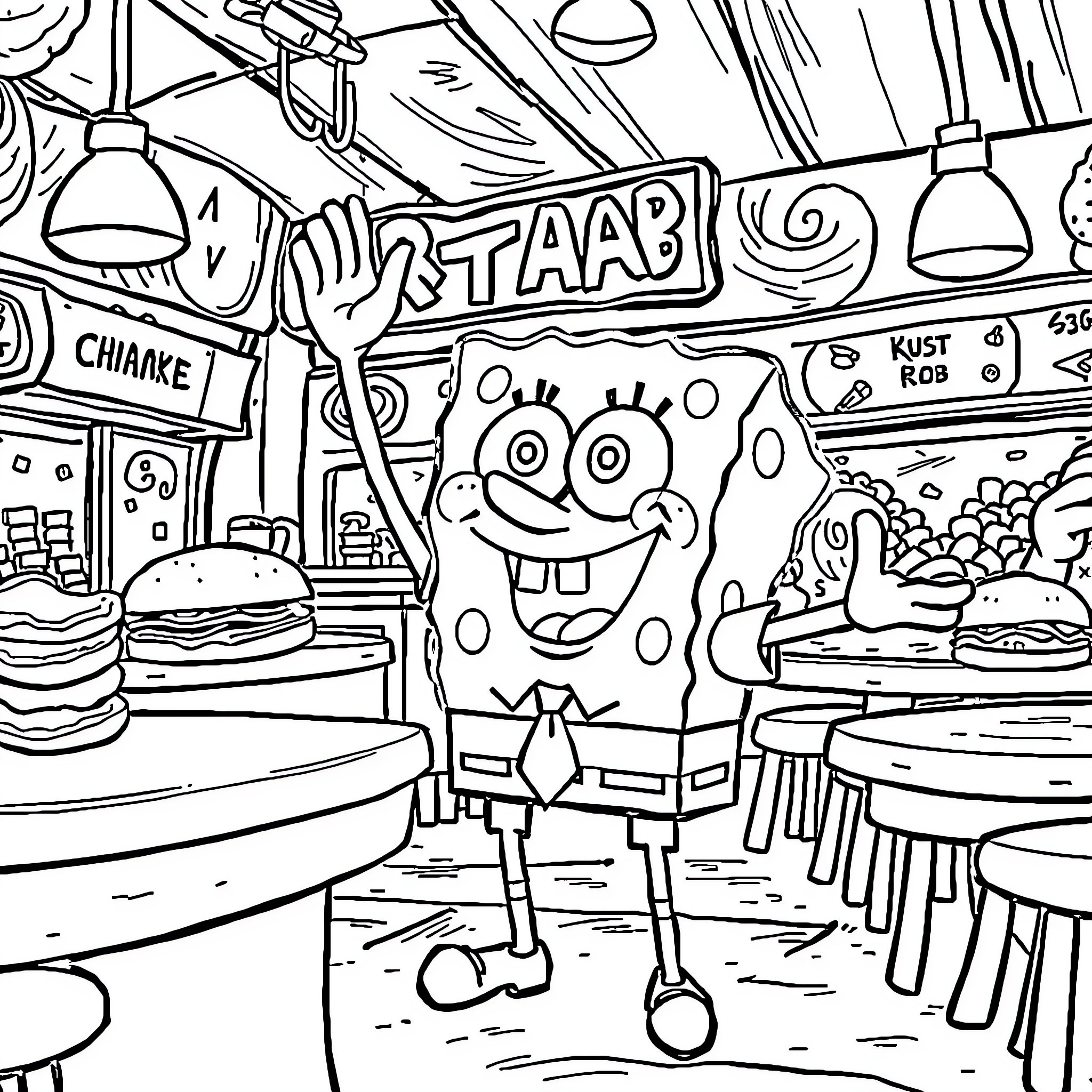 Spongebob in a lively diner setting Coloring Page (free black-and-white line drawing printable PDF for all, from beginners to advanced learners, including children, teens, adults, and seniors)