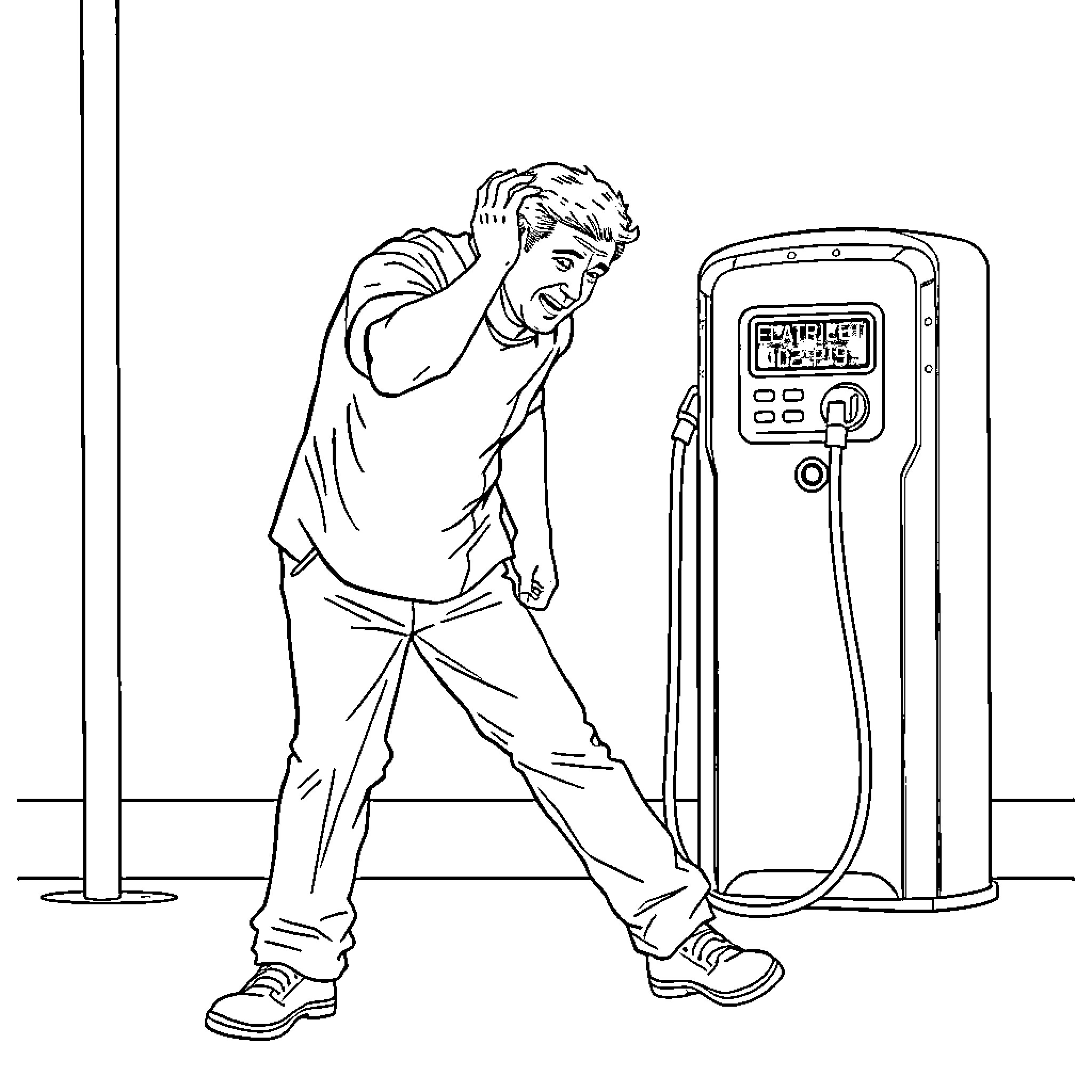 Man examining a digital gas pump display Coloring Page (free black-and-white line drawing printable PDF for all, from beginners to advanced learners, including children, teens, adults, and seniors)
