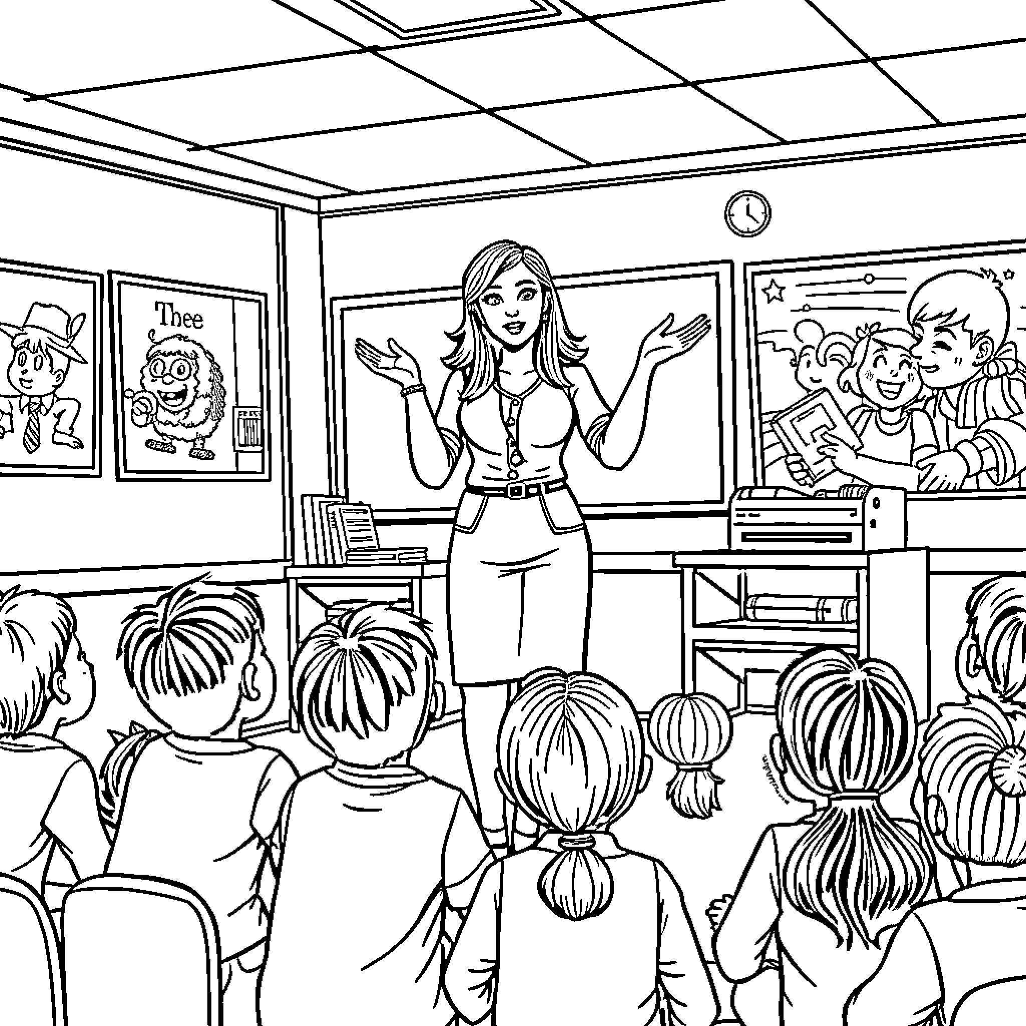 Teacher instructing enthusiastic students in the classroom Coloring Page (free black-and-white line drawing printable PDF for all, from beginners to advanced learners, including children, teens, adults, and seniors)