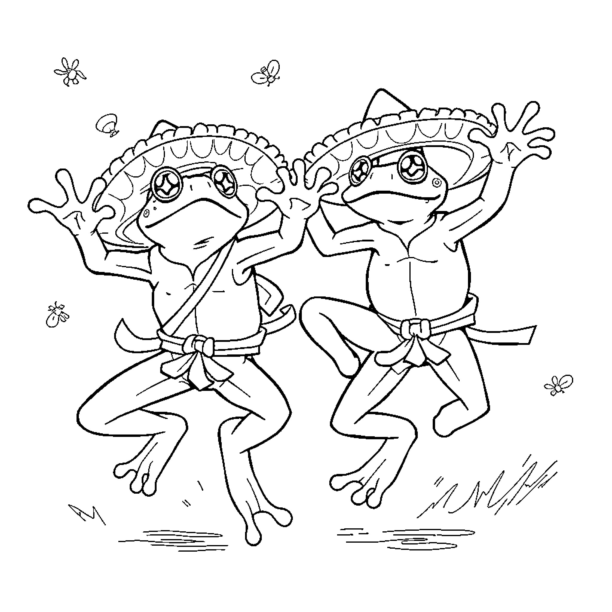 Frogs dancing joyfully in costumes Coloring Page (free black-and-white line drawing printable PDF for all, from beginners to advanced learners, including children, teens, adults, and seniors)