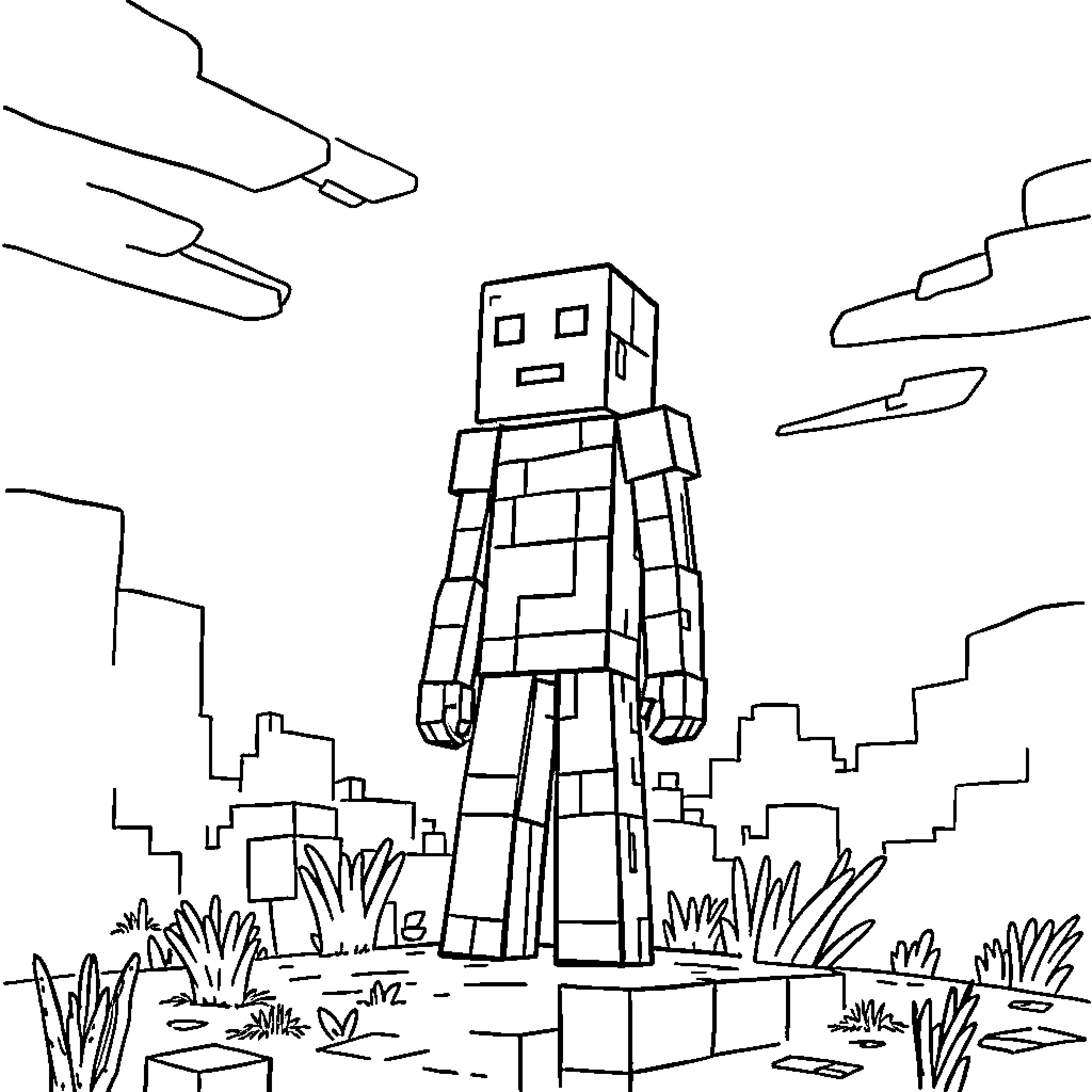 Enderman standing tall in a blocky landscape Coloring Page (free black-and-white line drawing printable PDF for all, from beginners to advanced learners, including children, teens, adults, and seniors)